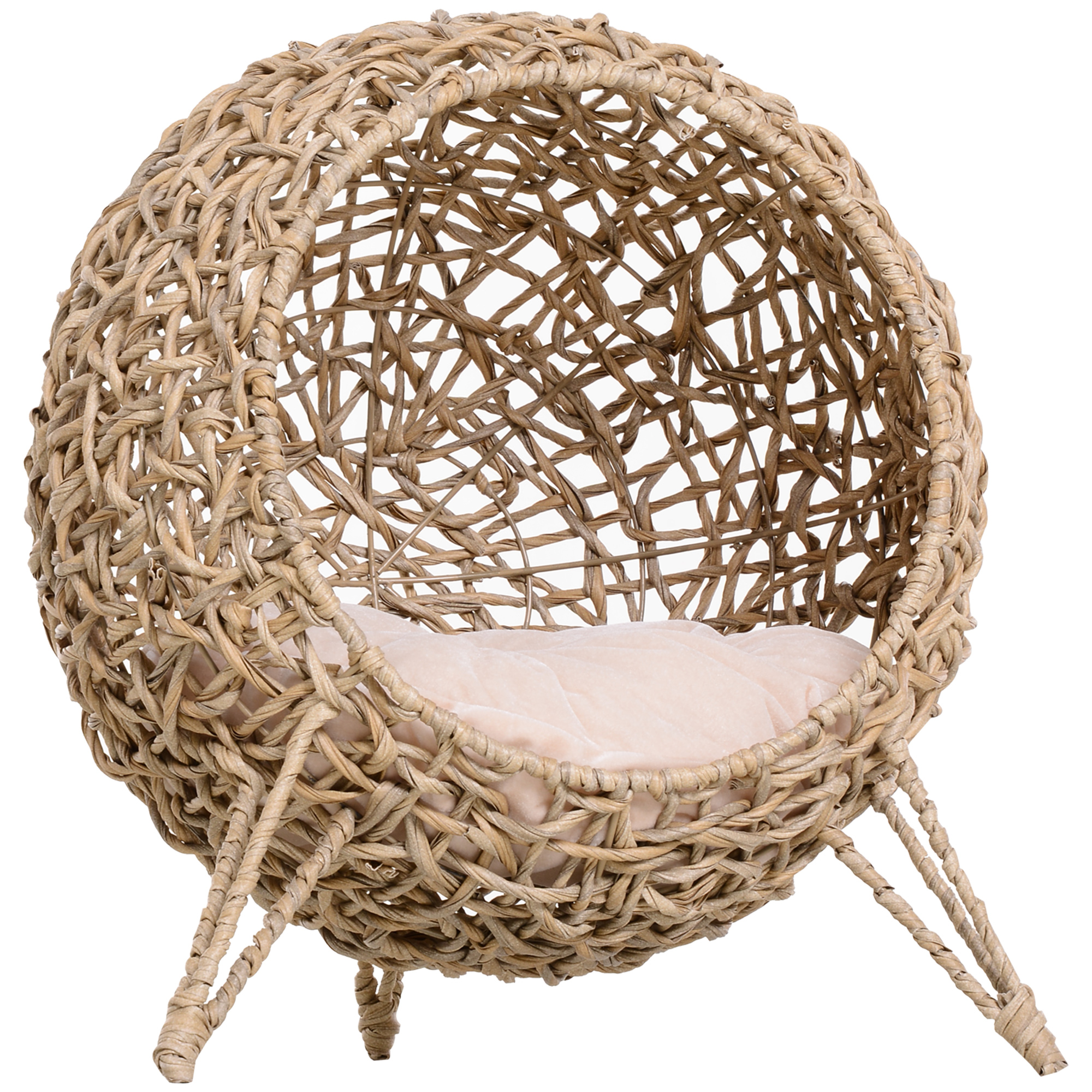 Katzenhaus aus Rattan mit Kissen Katzenschlafplatz Katzenhöhle mit erhöhten Füßen Natur Ø52 x 58 cm