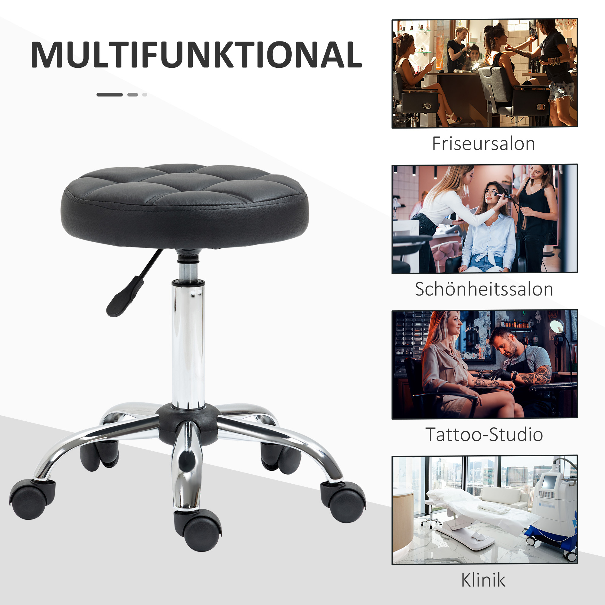 2er-Set Rollhocker höhenverstellbar, Drehhocker 48-63 cm, Arbeitshocker 360° drehbar, Bürohocker für Büro, Salon, Massage, Spa, Schwarz