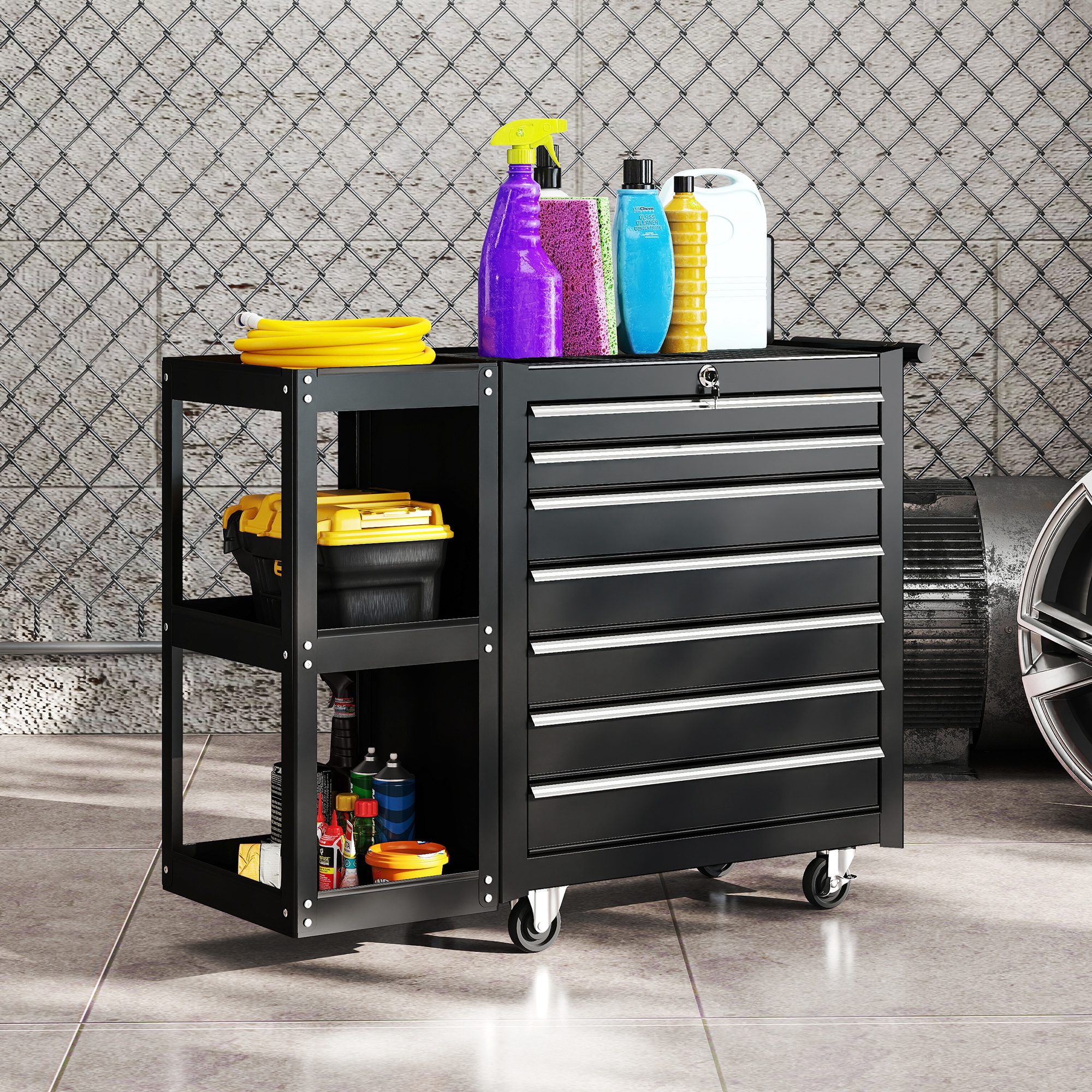 Werkstattwagen Werkzeugwagen mit 7 Schubladen abnehmbar Seitenregal 4 Rollen mit Feststellbremse, 96x33,5x75cm, Schwarz