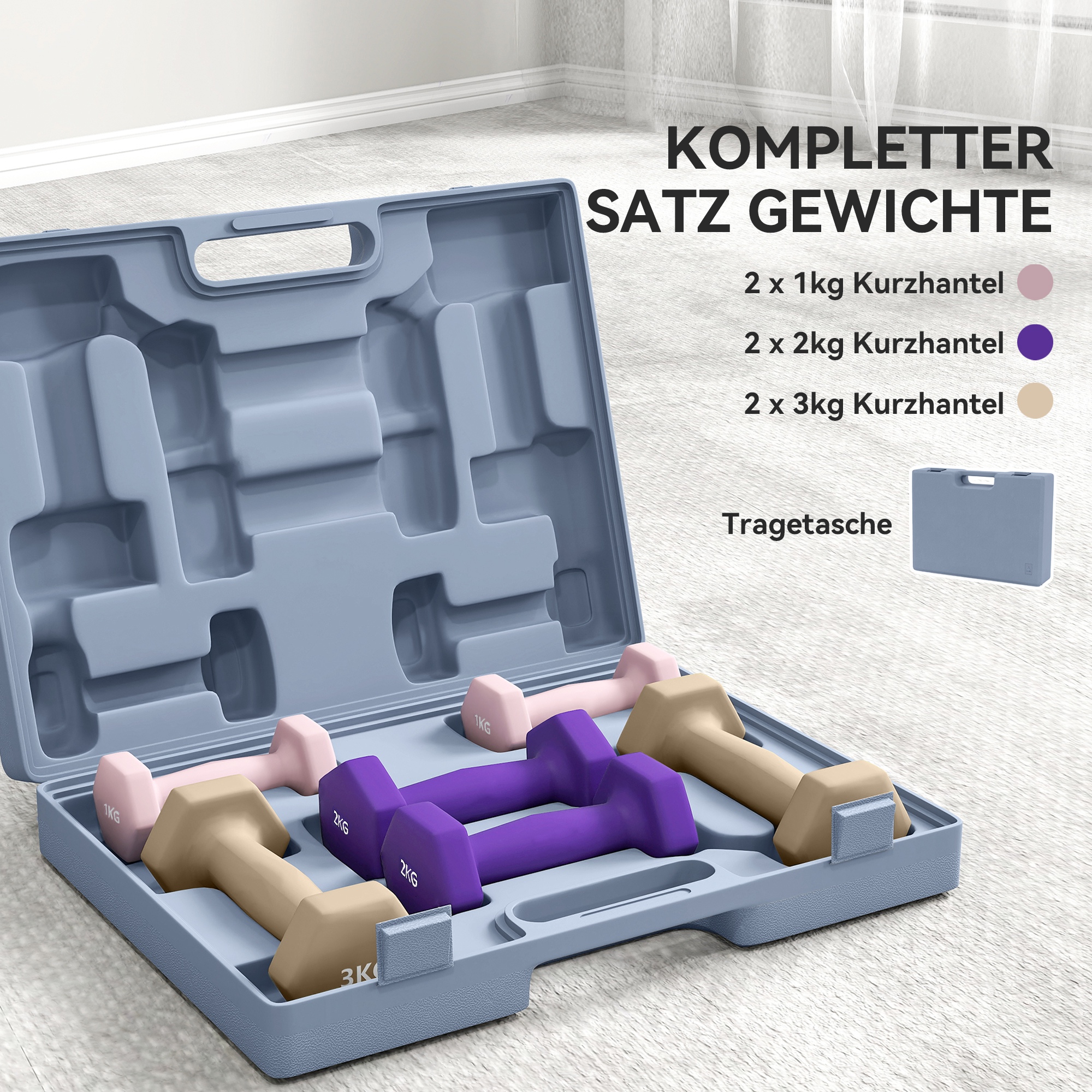 Hantelset, 6er Set Hanteln mit Gewichten, Kurzhantelset aus Stahl, 1kg, 2kg, 3kg