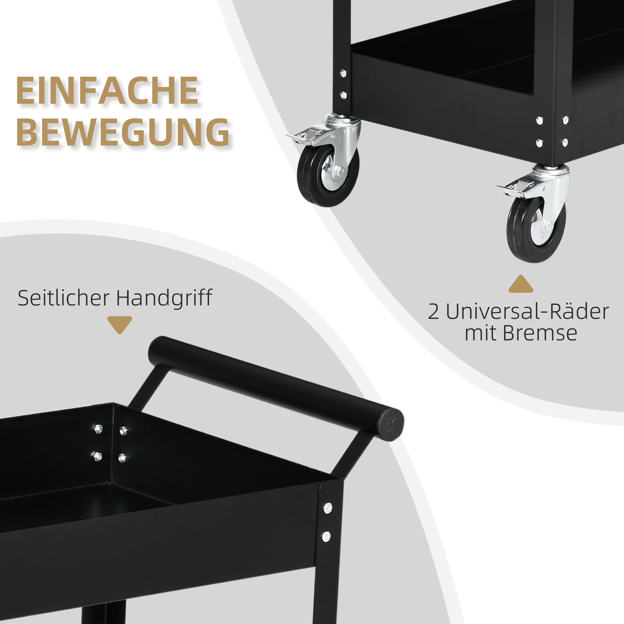 Werkstattwagen, 2 Etagen, Schubkarre, 4 Rollen, Stahl, bis 150 kg, 84,5 x 38 x 84 cm, Schwarz