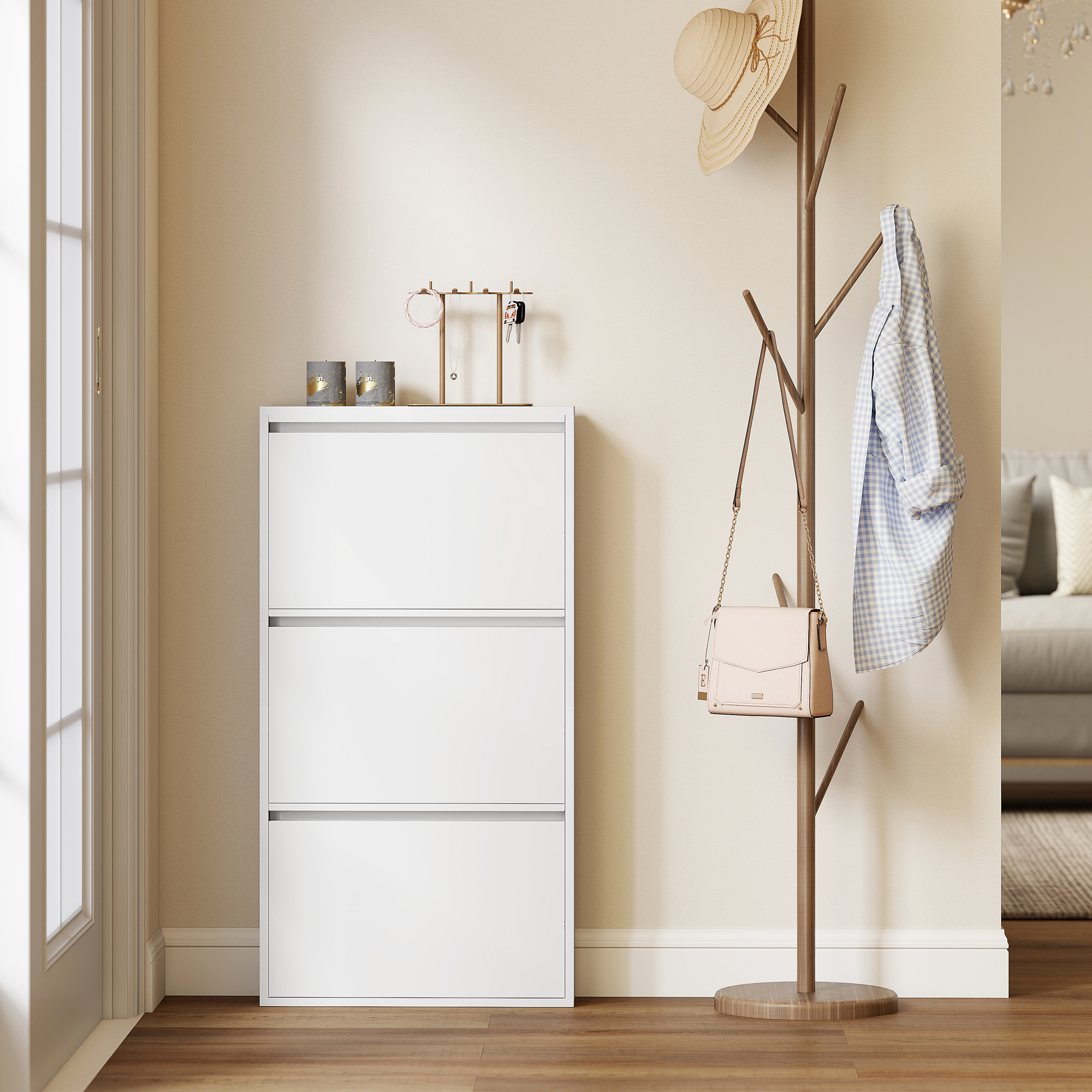 Metall-Schuhschrank mit 3 Klappfächern, schlanker Schuhschrank, wandmontiert, für 6 Paar Schuhe, Weiß