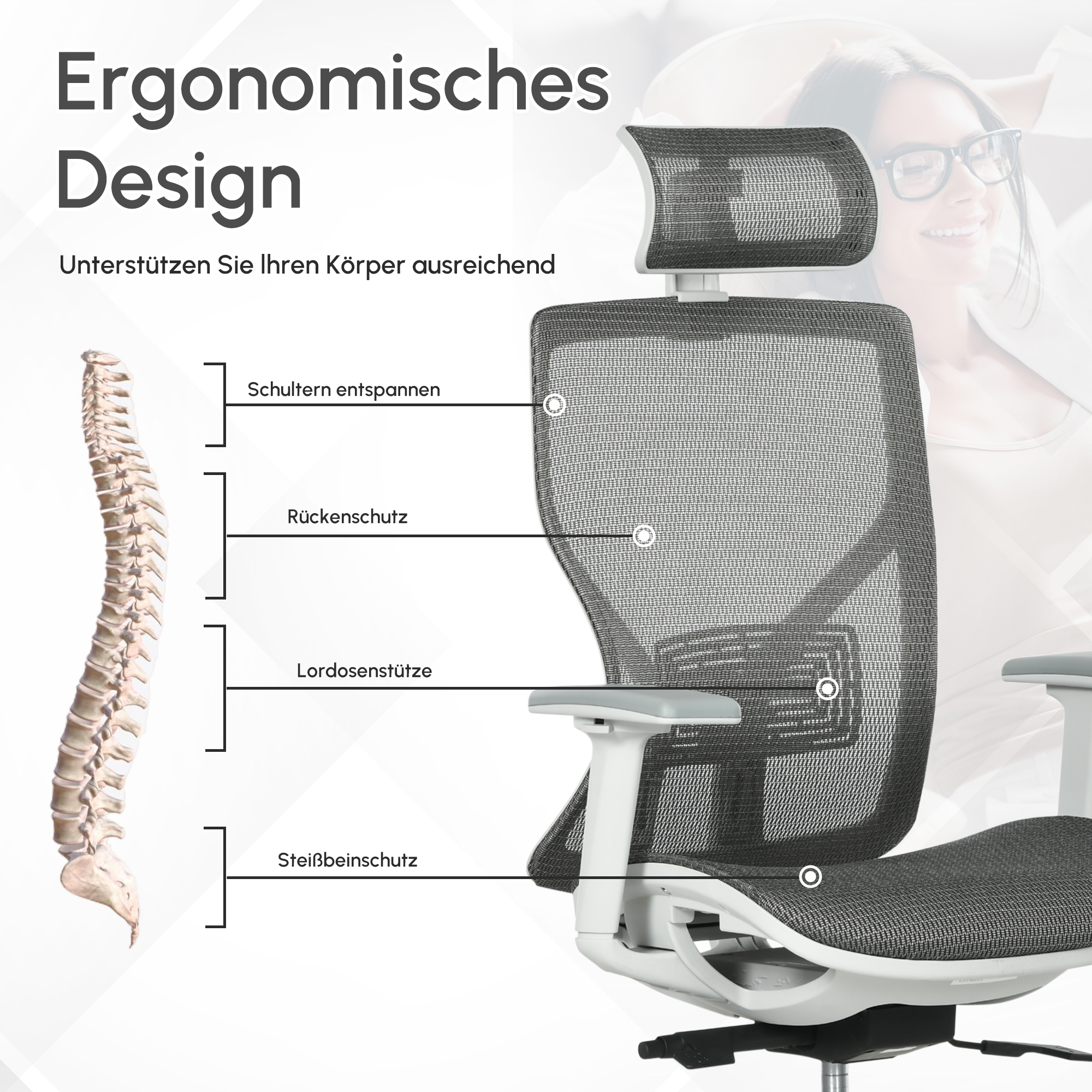 Bürostuhl Schreibtischstuhl Drehstuhl Gamingstuhl mit Kopflehne Lendenkissen 3D-Armlehne 3 Stufen 360°-Drehräder höhenverstellbar ergonomisch Mesh-Stoff Schaumstoff Grau 67 x 65 x 120-128 cm