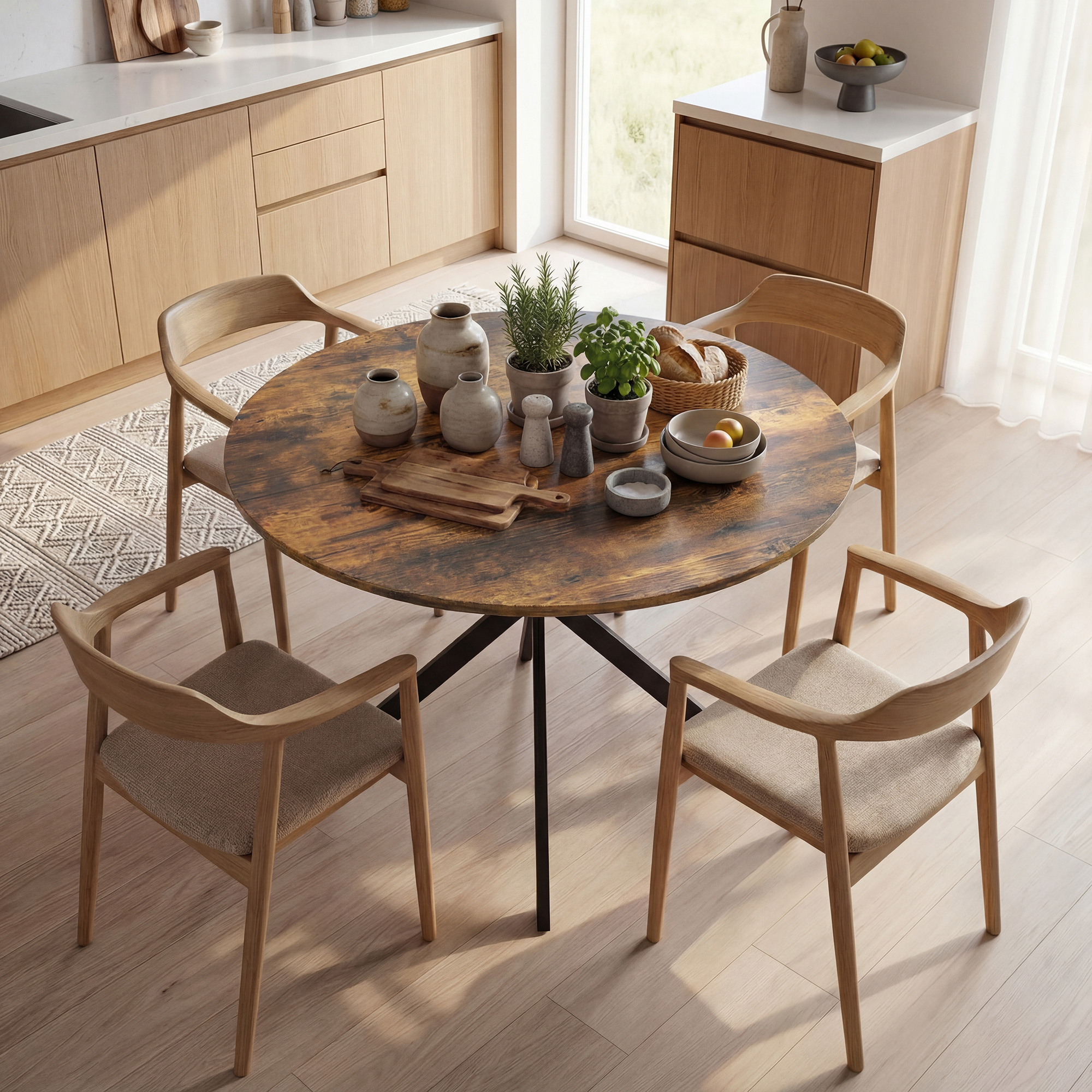 Runder Esstisch für 4 Personen, Küchentisch im Industriestil mit Stahlbeinen, für Esszimmer, Küche, Rustikal-Braun
