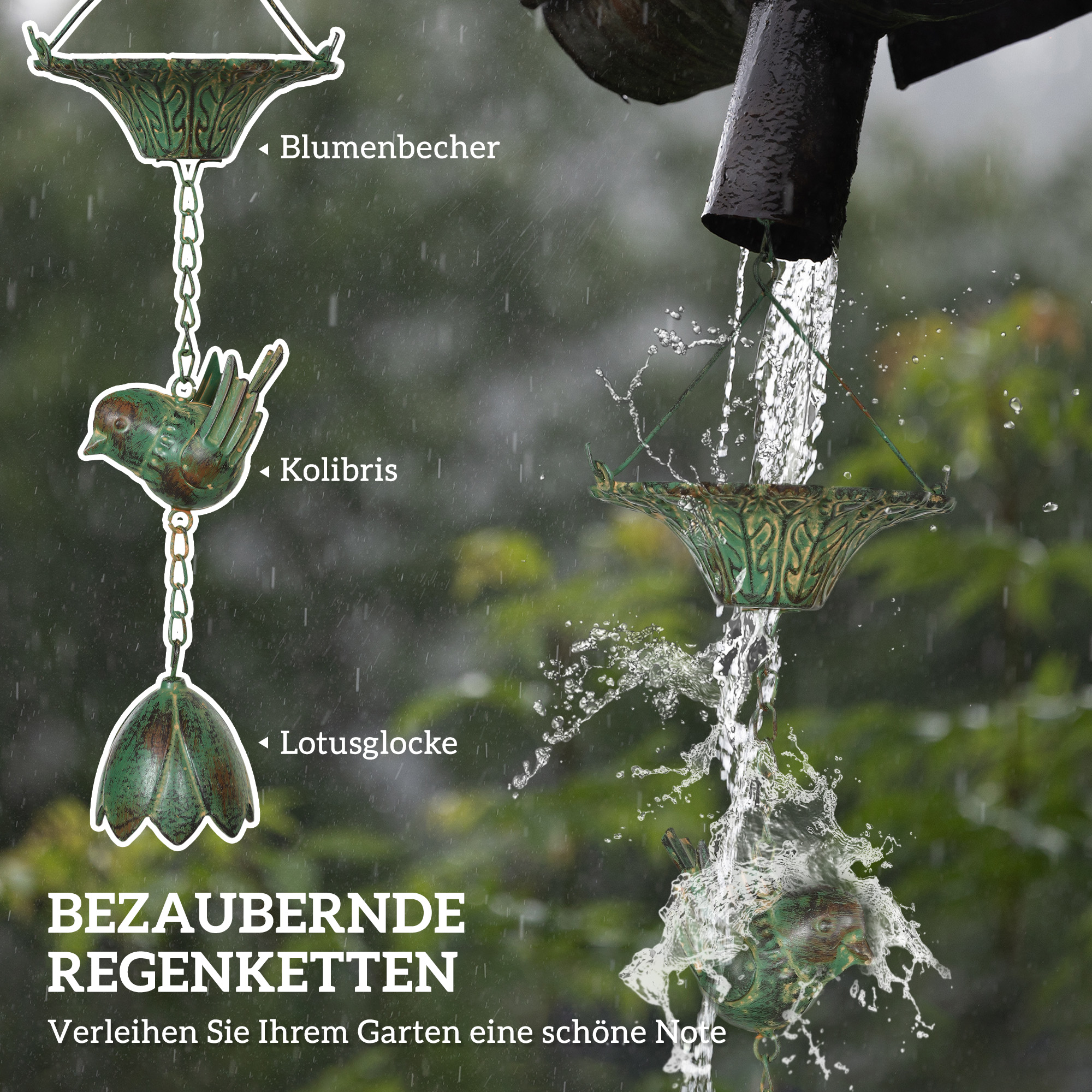 3er Set Regenkette 123cm Regenablaufkette aus Metall Ablaufkette mit befestigtem Aufhänger Vögeln Bell Grün