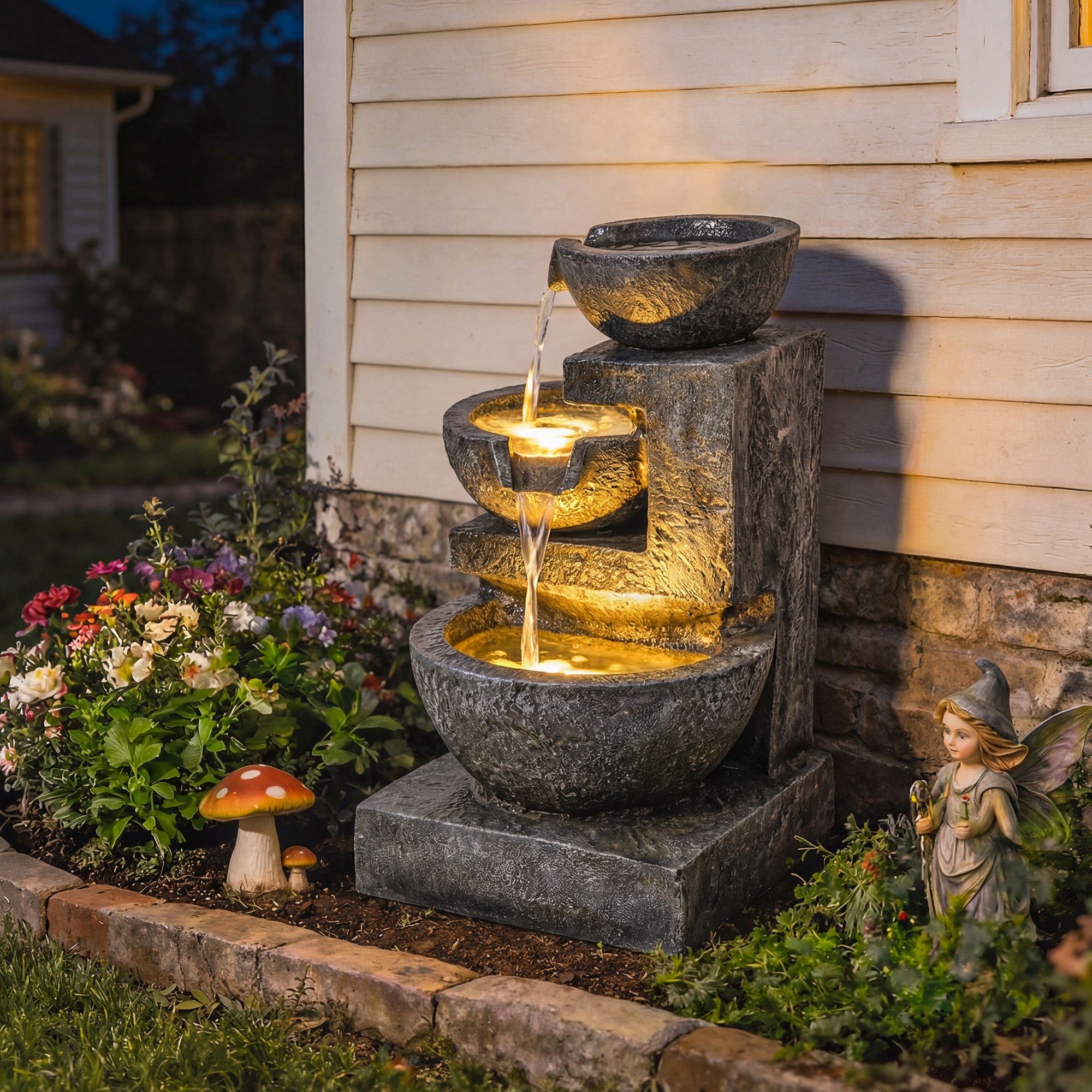 Springbrunnen 3-stufig Gartenbrunnen mit LED Beleuchtung Pumpe Steinoptik, Verstellbar 40 x 37 x 61 cm