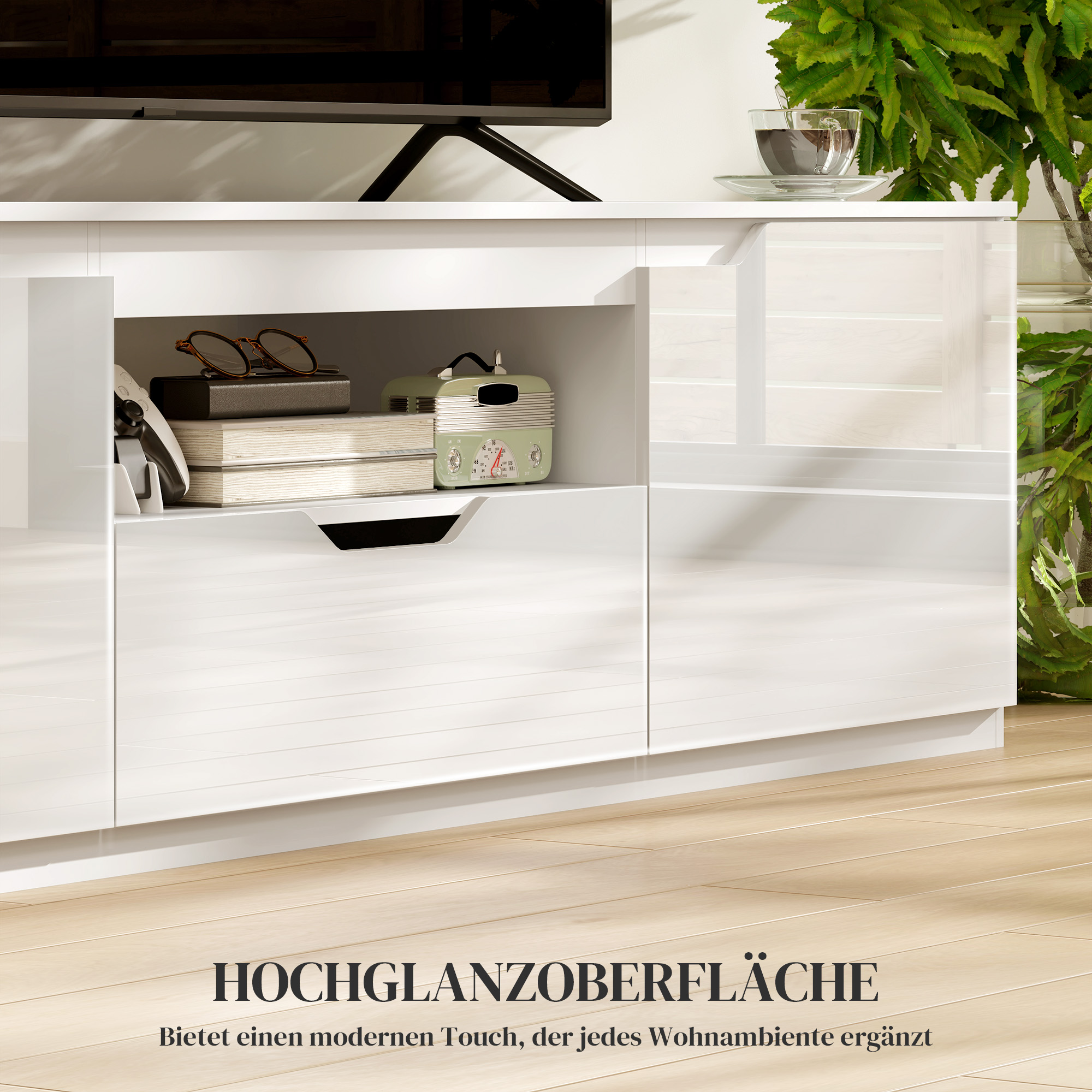 TV-Lowboard, Hochglanz, für Fernseher bis 65'', 3 Fächer, Schublade, 160 x 38 x 43 cm, Weiß