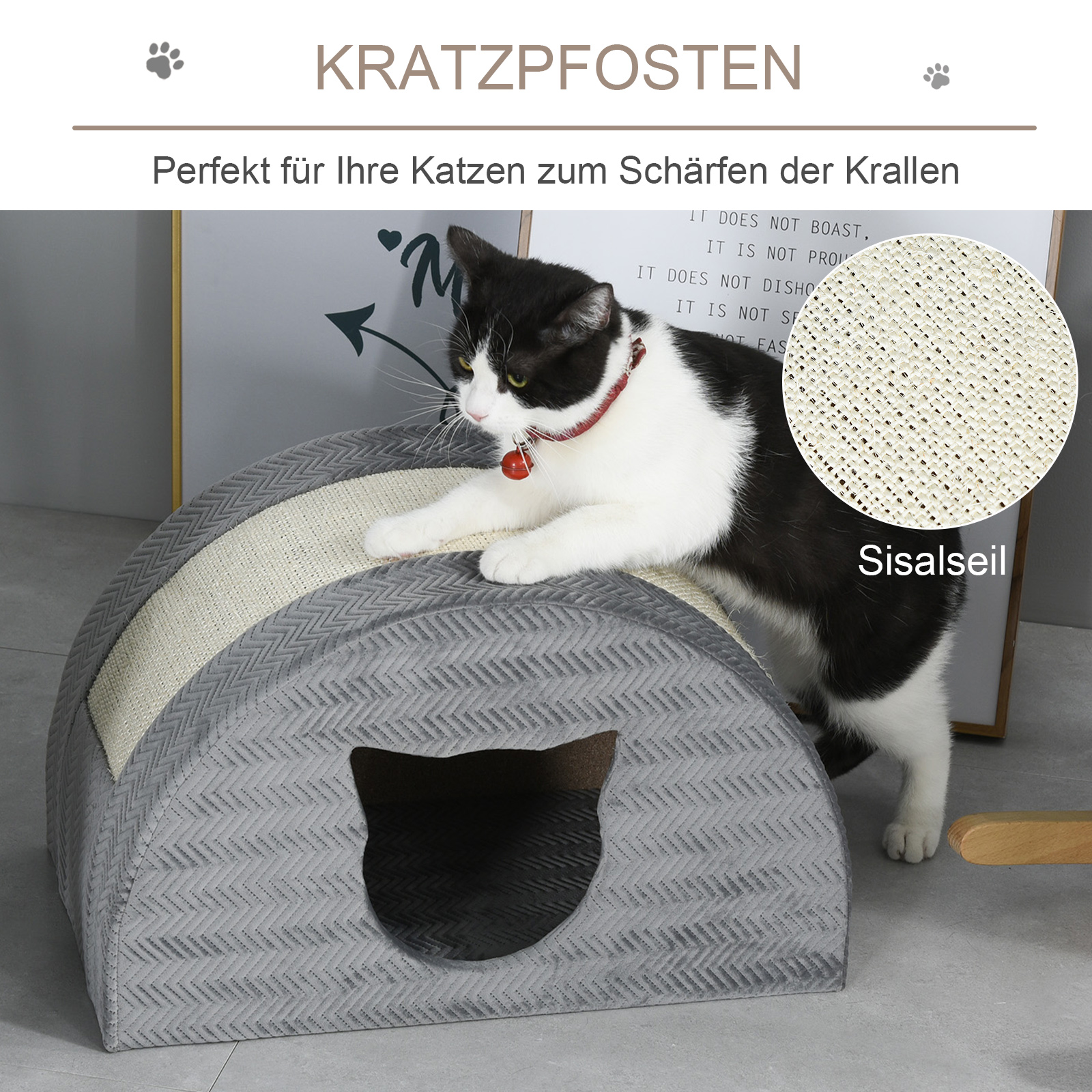 Katzenhöhle mit Kraztbrett Katzenbett Kratzhaus Katzenhaus Katzenwohnung Sisal Grau 48,5 x 30 x 30 cm