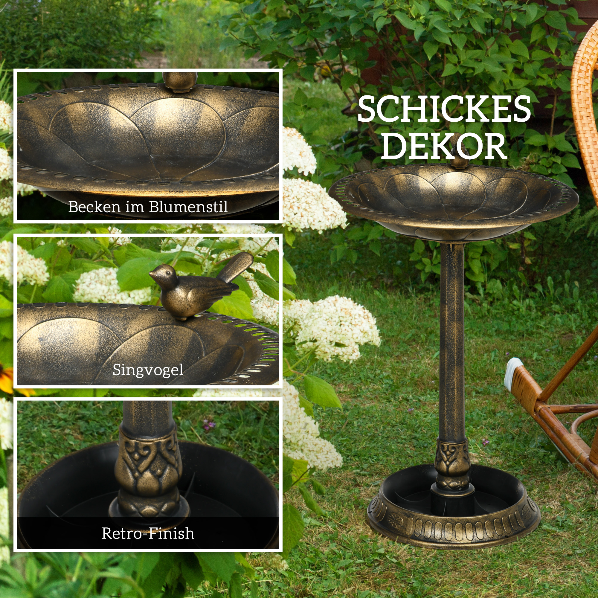 Vogeltränke, Vogelbad mit Statue, Blumenmuster, 2 Becken, Kunststoff, antiker Look, 50B x 72H cm, Bronzefarben