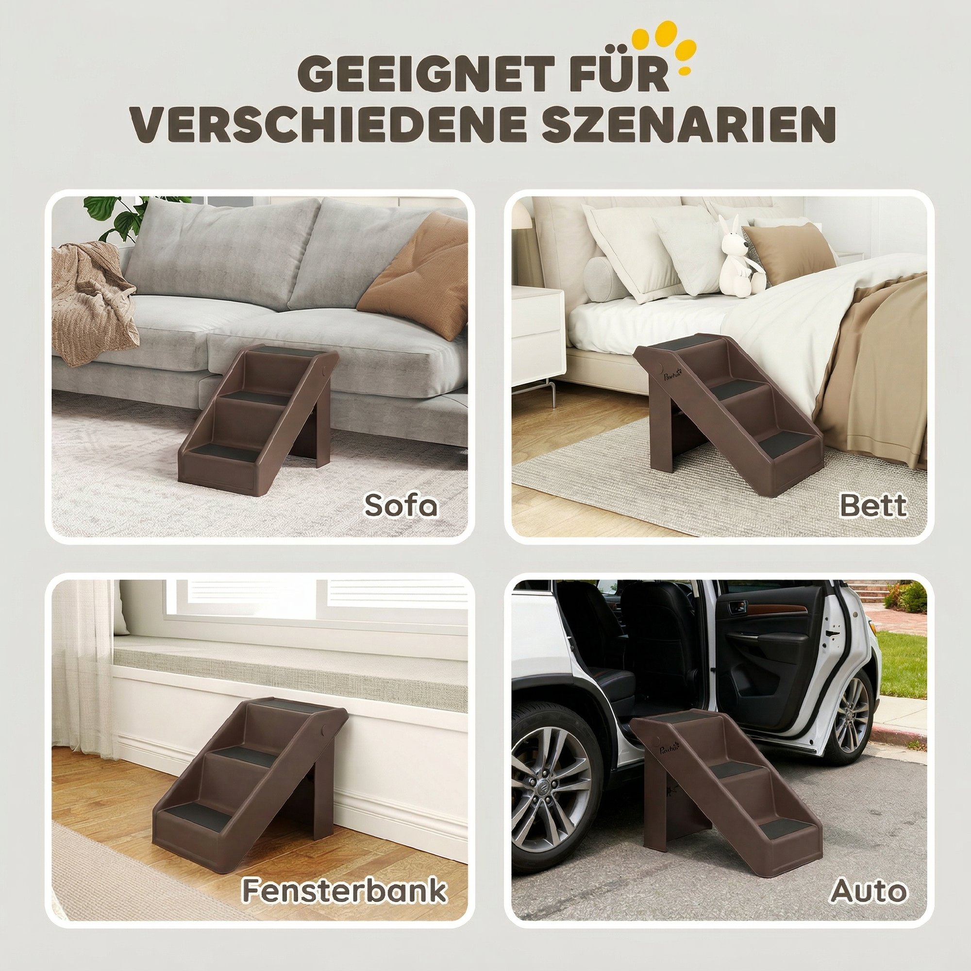 Hundetreppe 3 Stufen 36,5 cm Hoch Haustiertreppe für Kleine Hunde klappbar für Bett, Sofa, Couch Auto Braun