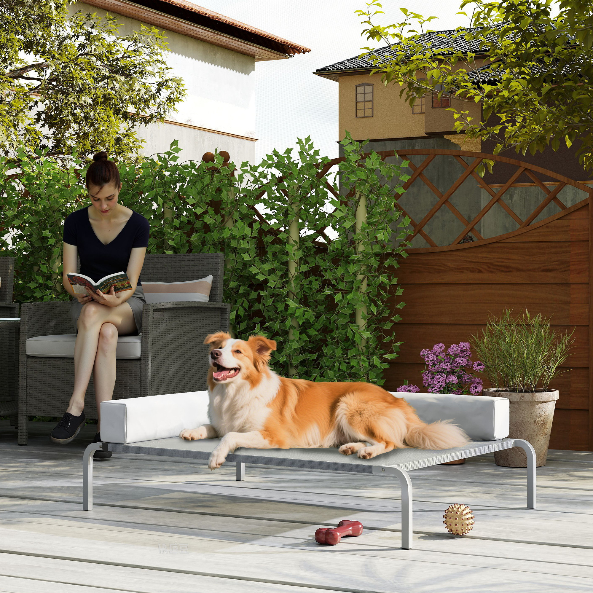Hundeliege Outdoor, Erhöhtes Hundebett für Mittelgroße Hunde, mit L-förmige Kissen 110x75x30cm, Hellgrau