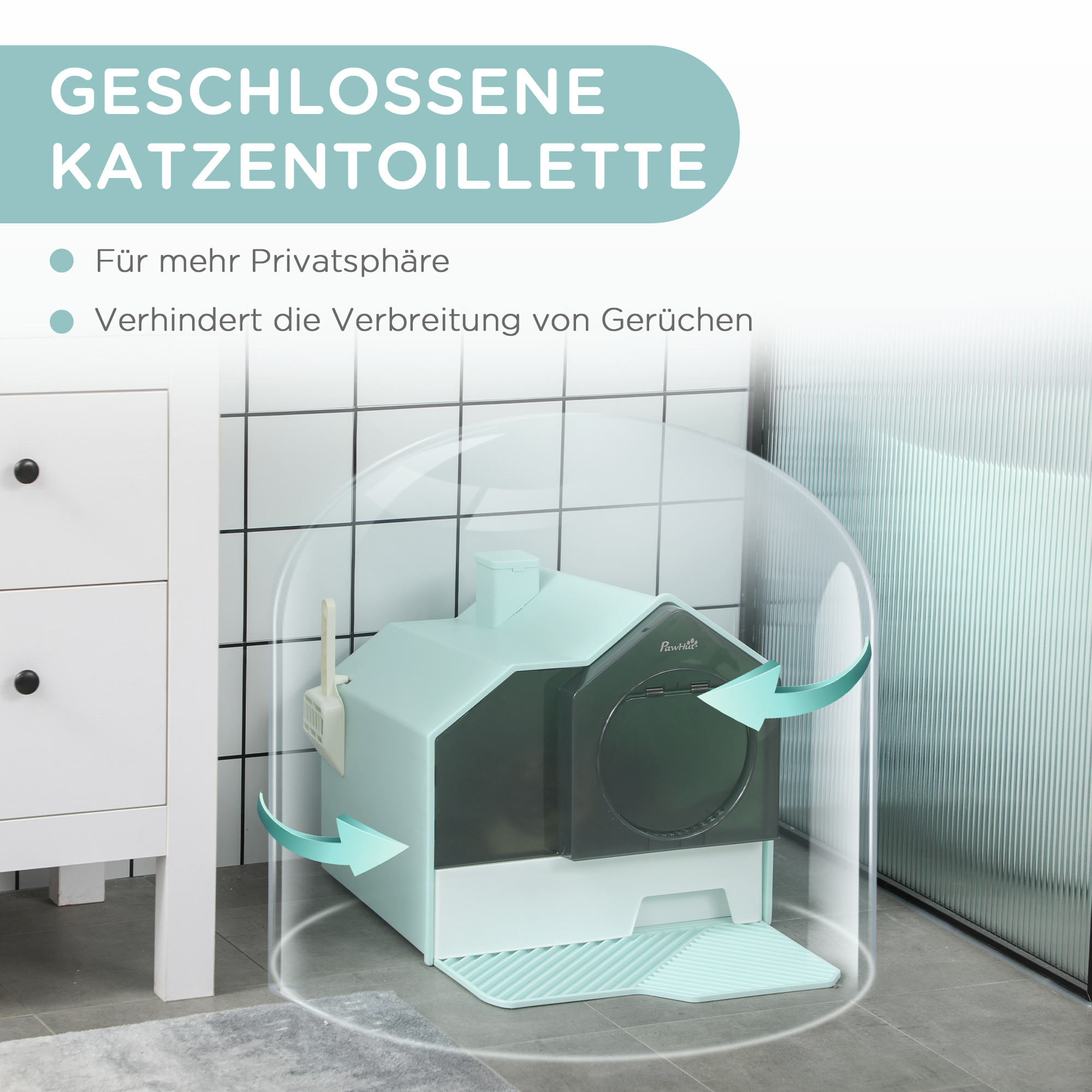 Katzentoilette Katzenklo, Hütten-Design, 1 Siebvorleger, 1 Streuschaufel, herausnehmbare Bodenwanne, Grün + Weiß
