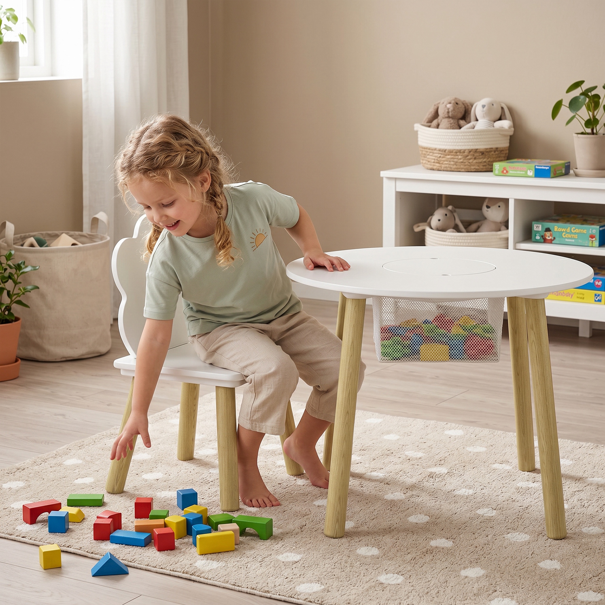 Kindertisch mit Stühlen und Aufbewahrung, 3-teiliges Kinder-Möbelset in Weiß und Natur für Spielzimmer und Kinderzimmer