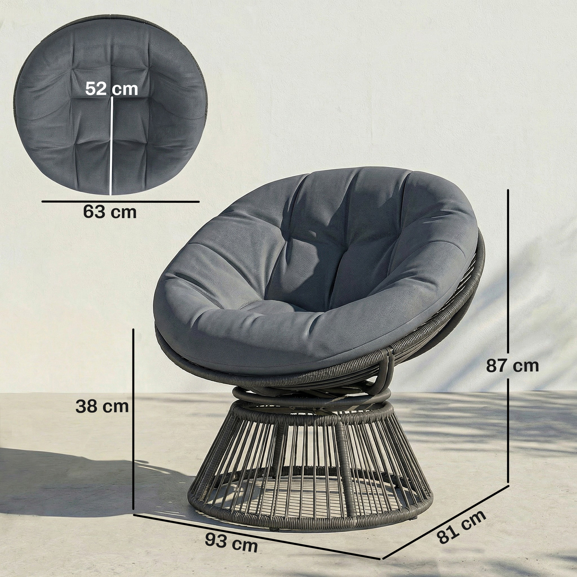 Papasansessel 360° drehbar Korbsessel mit Kissen Stahlrahmen runder Rattansessel Loungesessel Grau