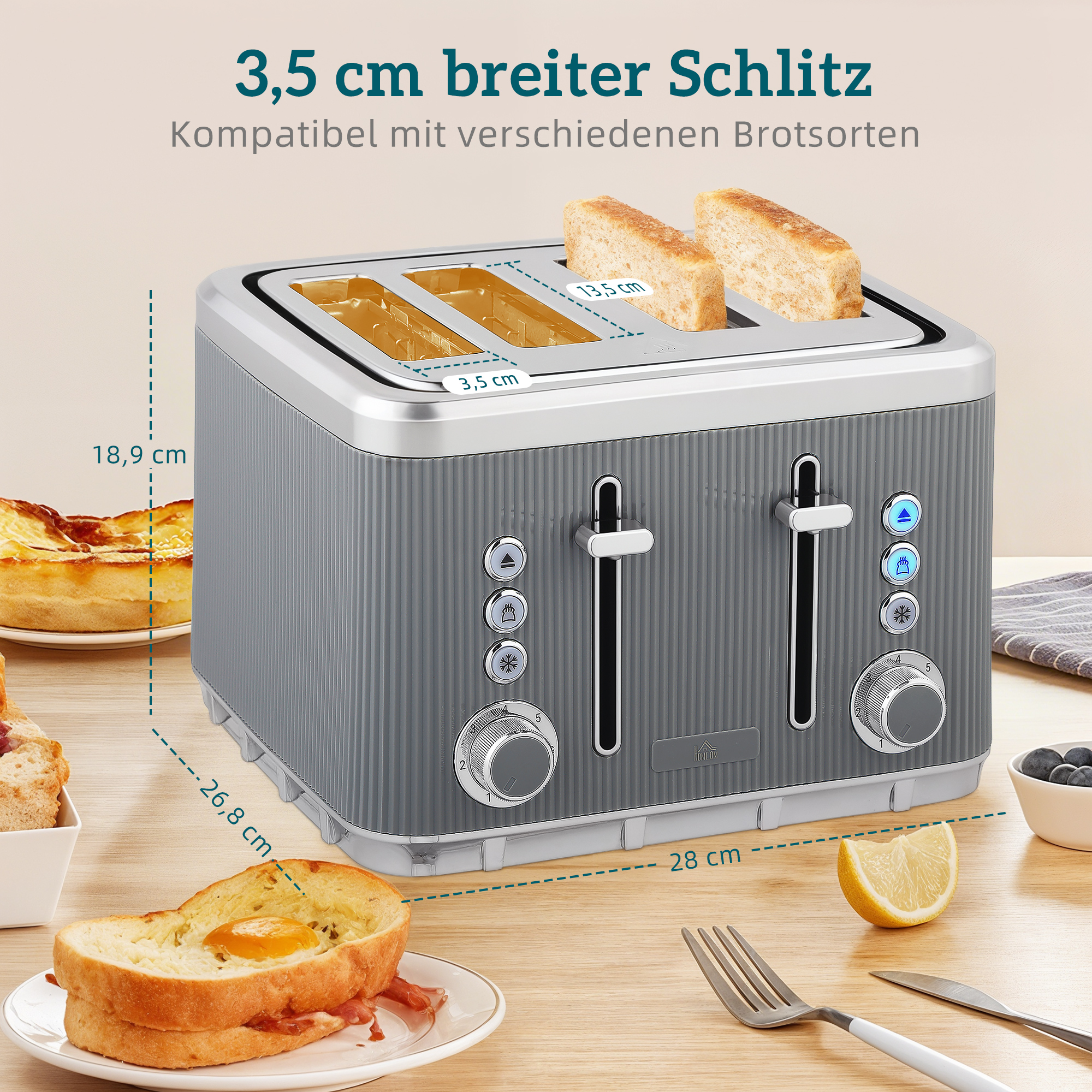 2200W, 1,7L Wasserkocher mit Schnellkochfunktion, Entkalkungsfilter und 4-Scheiben-Toaster mit 7 Bräunungsstufen, Grau