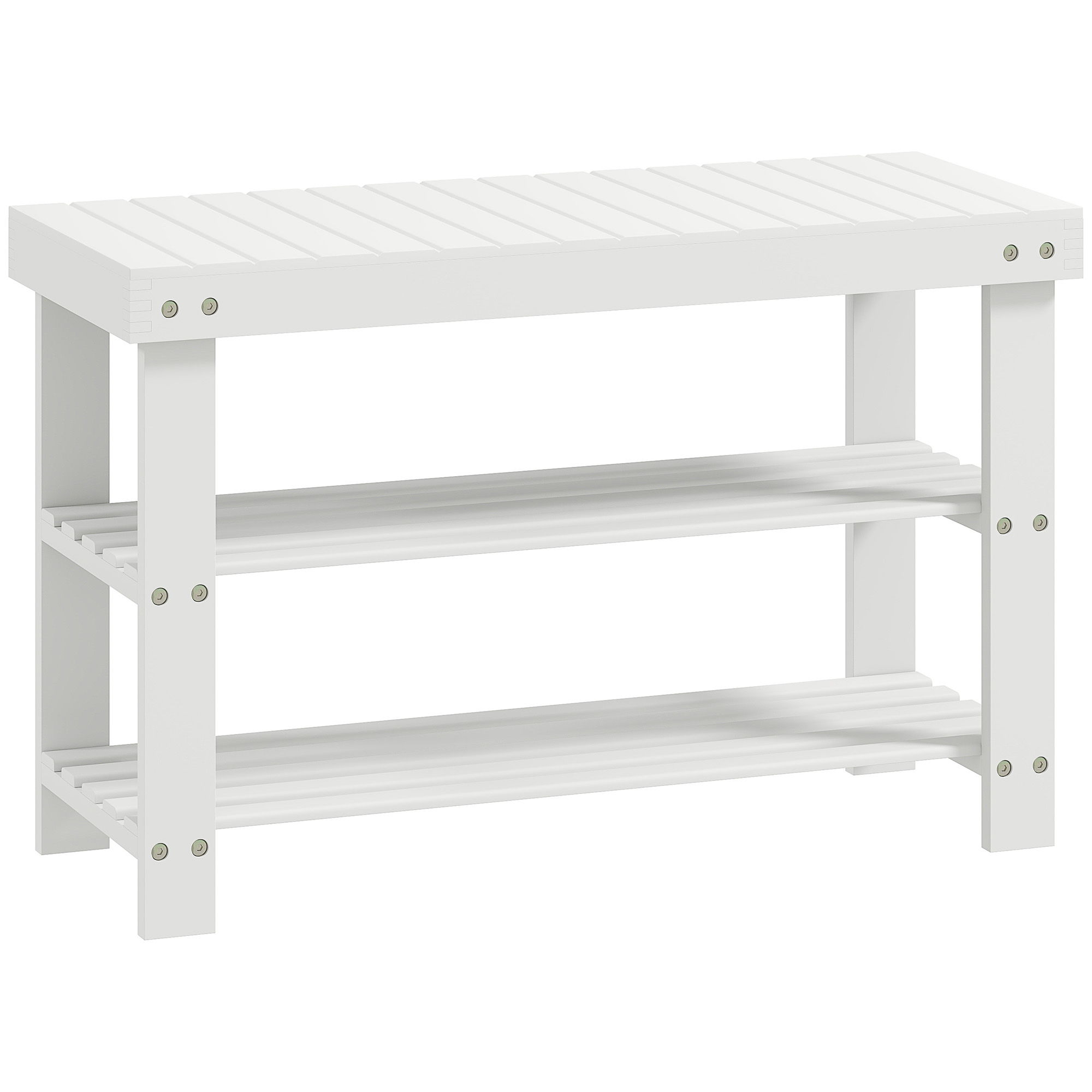 Schuhbank Bambus mit 2 Ablagen, Sitzbank mit Stauraum, für Flur, 70x28x45 cm, Weiß