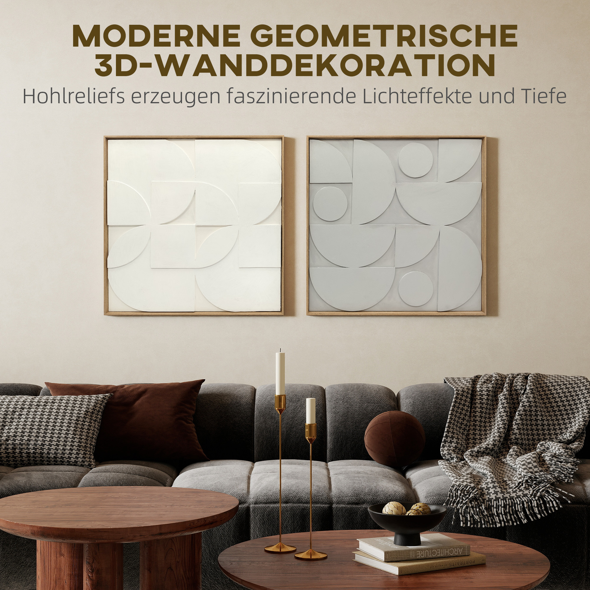 Wanddeko 3D 2er Set geometrisch Wanddekoration Modern Wand Deko für Wohnzimmer, Flur, 80 x 3,5 x 80 cm, Weiß