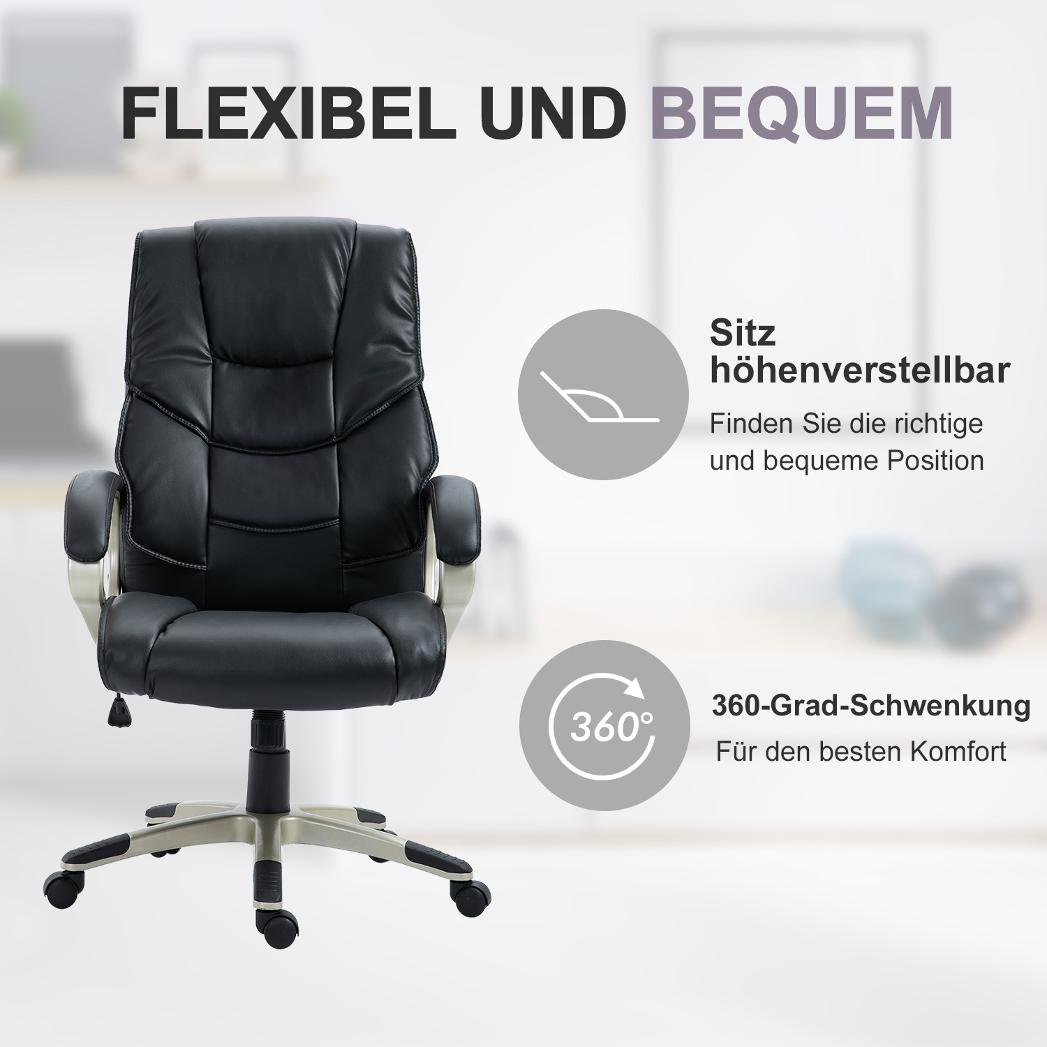Bürosessel Chefsessel mit Wippfunktion Bürostuhl Schreibtischstuhl Ergonomischer Drehstuhl Sportsitz Hoher Rückenlehne Schwarz Kunsterleder Metall 70 x 58 x 114-124 cm