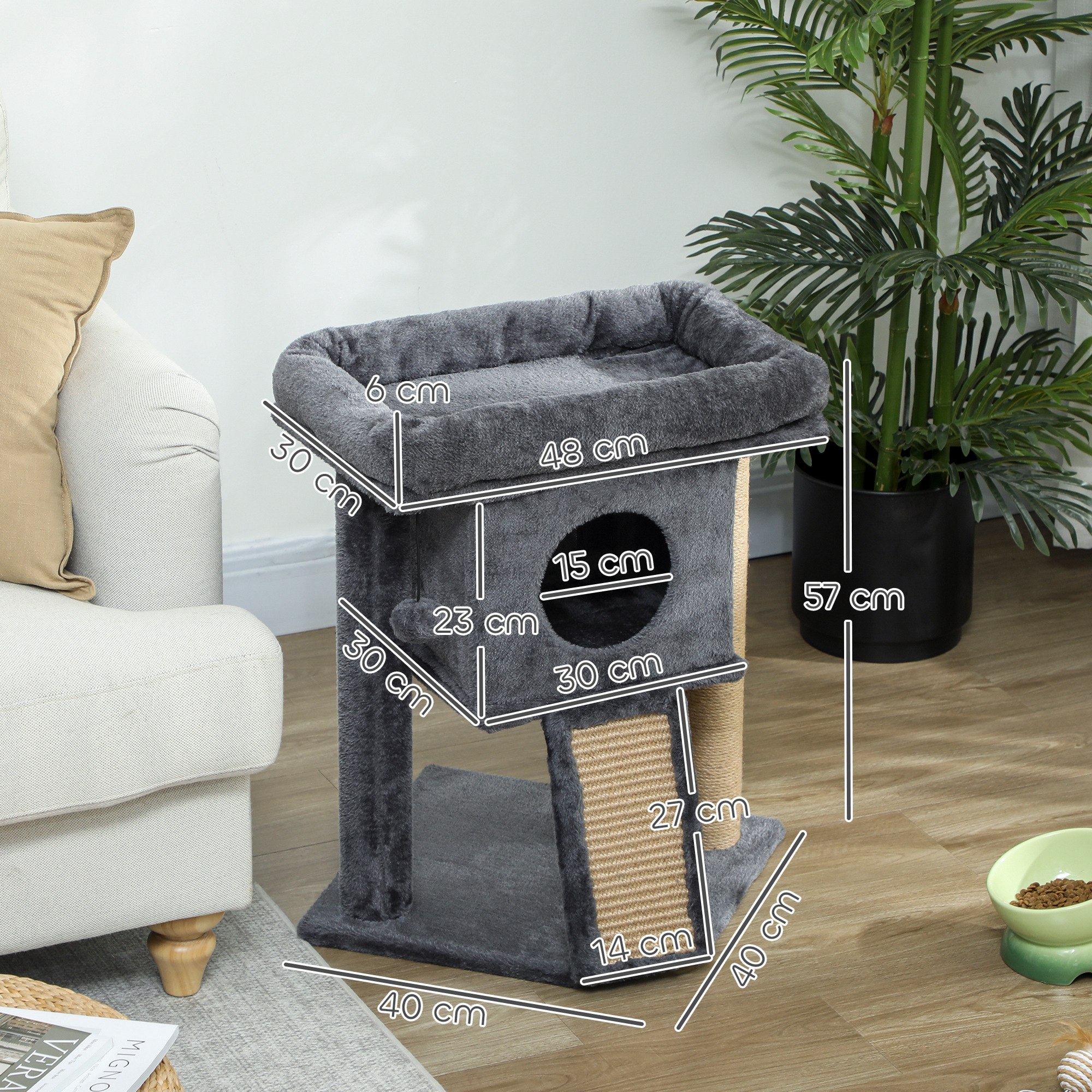 Kratzbaum mit Jute-Kratzmatte, Liegeplattform, Spielball, Katzenhaus, Beige, 40 x 40 x 57 cm