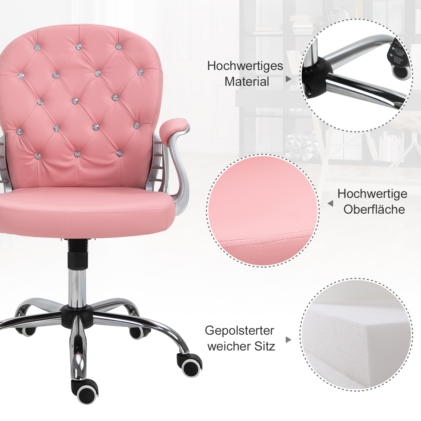 Bürostuhl, Ergonomisch Schreibtischstuhl mit Armlehne, Gepolsterter Rückenlehne, Höhenverstellbar Computerstuhl mit Kunstlederoptik, Drehstuhl für Home Office, Rosa