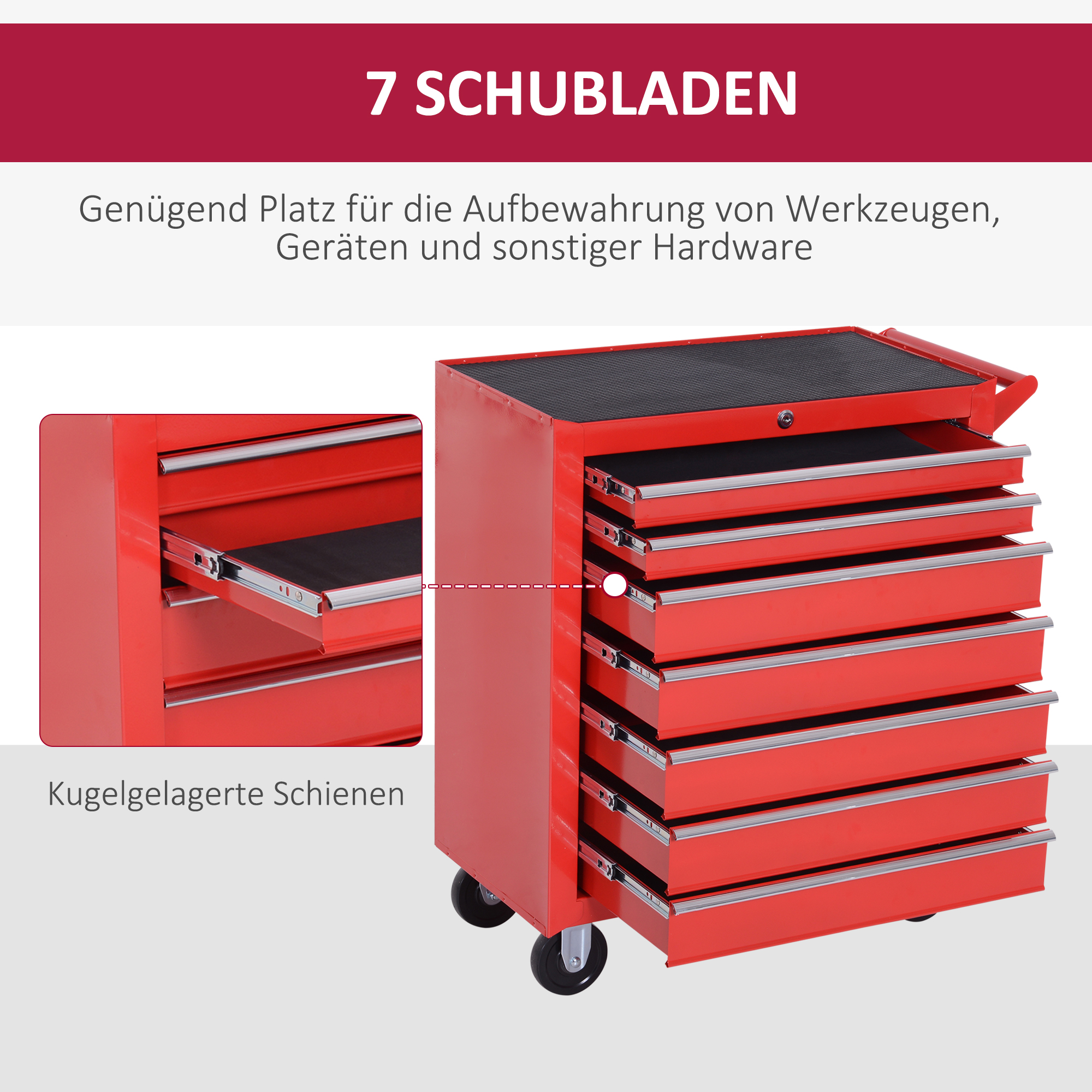 Werkzeugwagen, 2 kleine & 5 große Schubladen, Stahl, bis 150 kg, 69 x 33 x 75 cm, Rot