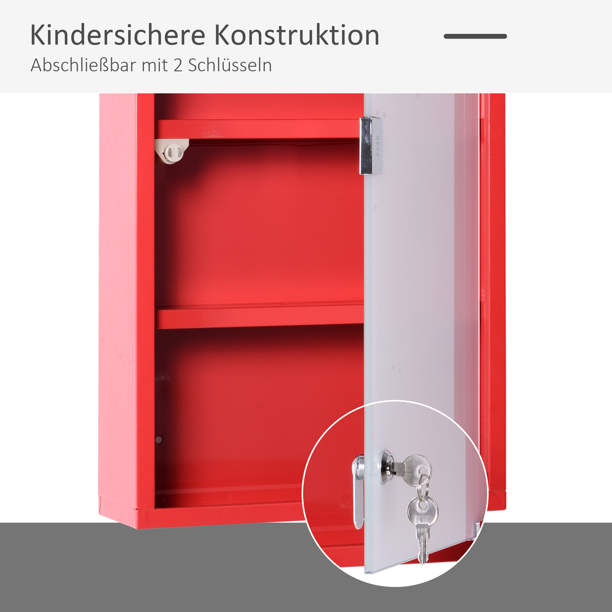 Medizinschrank aus Stahl Arzneischrank zur Medikamenten-Aufbewahrung, Abschließbar Apothekerschrank mit 4 Fächer, Glastür, 60 x 30 x 12 cm, Rot