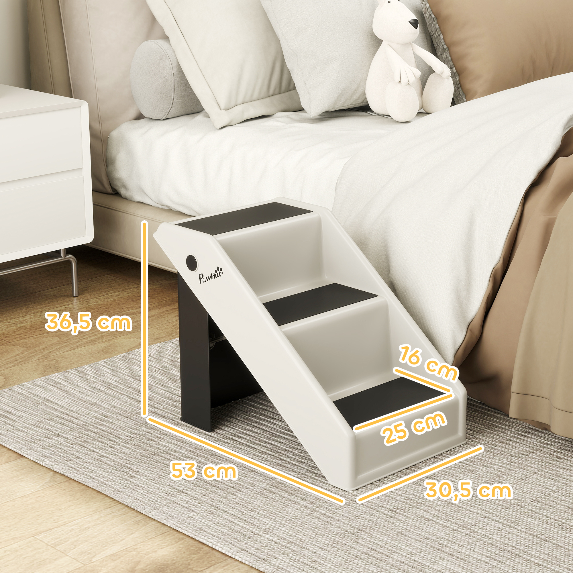 Hundetreppe 3 Stufen 36,5 cm Hoch Haustiertreppe für Kleine Hunde klappbar für Bett, Sofa, Couch Auto Cremeweiß