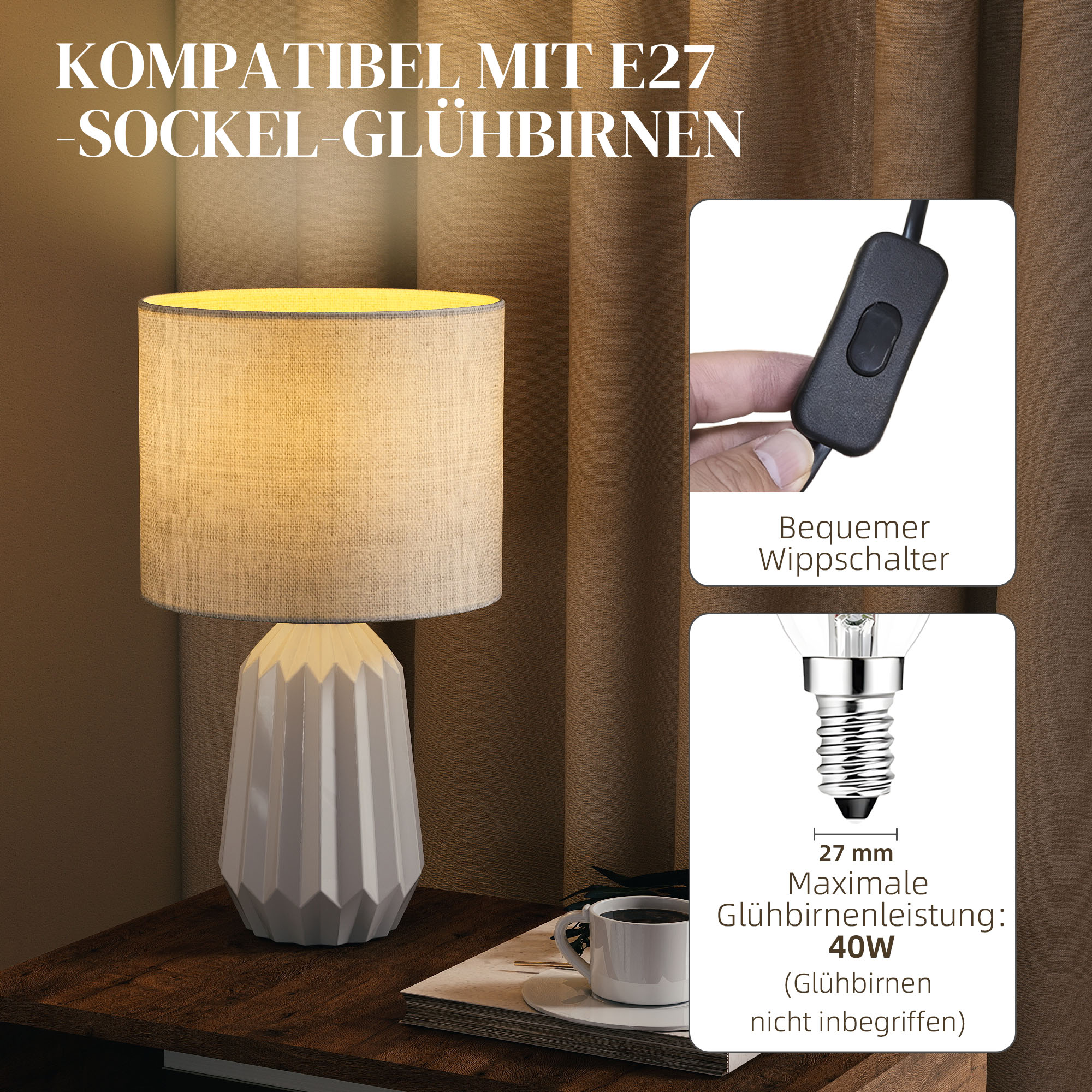 Tischlampe, Tischleuchte, Nachttischlampe mit Leinenschirm, Wippschalter, Schreibtischlampe, 22 x 22 x 39 cm, Weiß