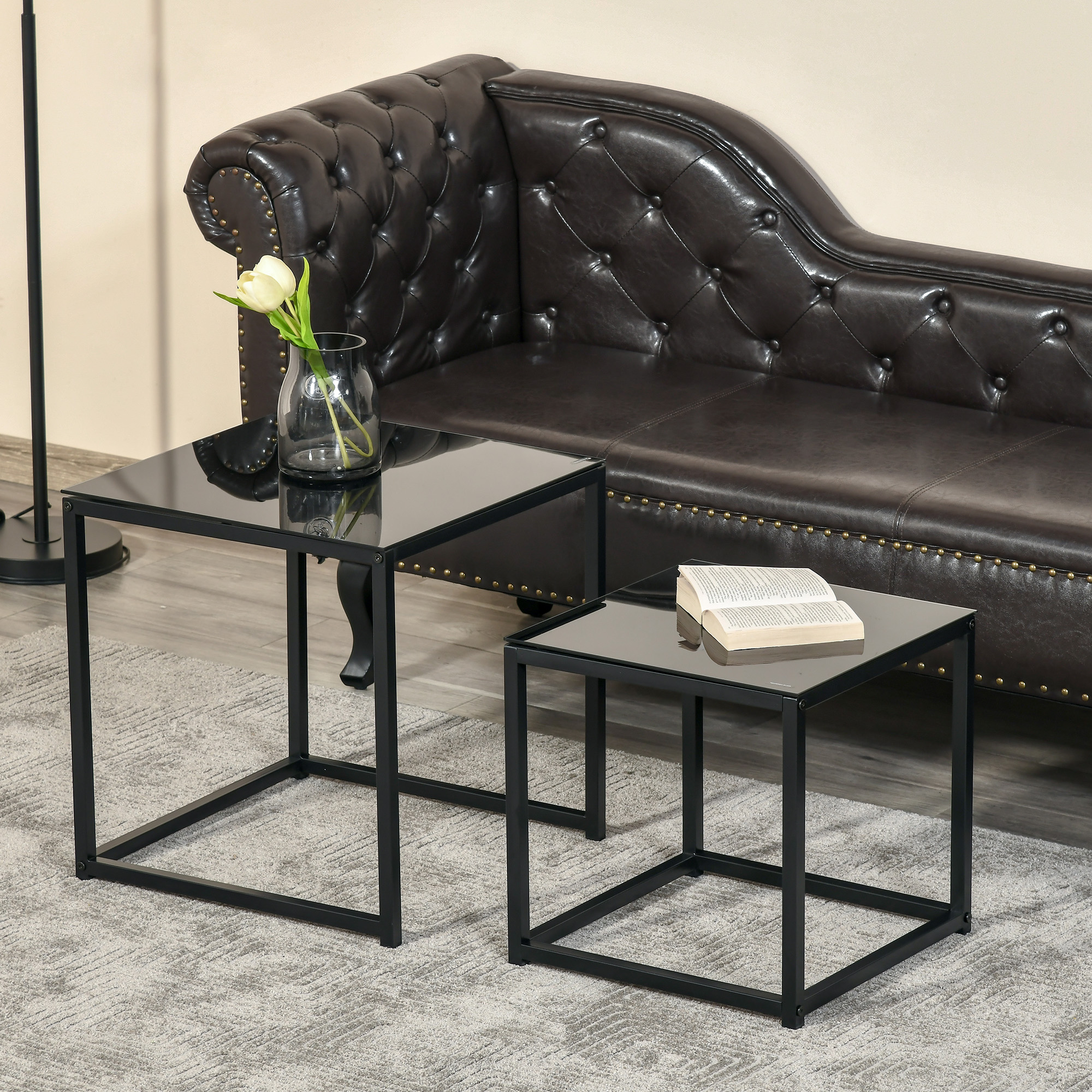 2er-Set Beistelltische, modernes Design, stapelbar, Glastisch, Schwarz