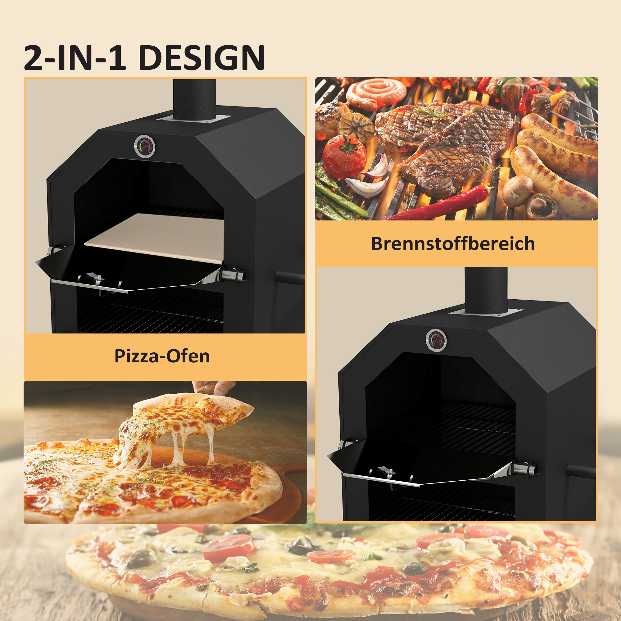2-in-1 Outdoor Pizzaofen, mit Pizzastein, Aschefach, 2x Grillrost, Thermometer, rostfrei, Schwarz