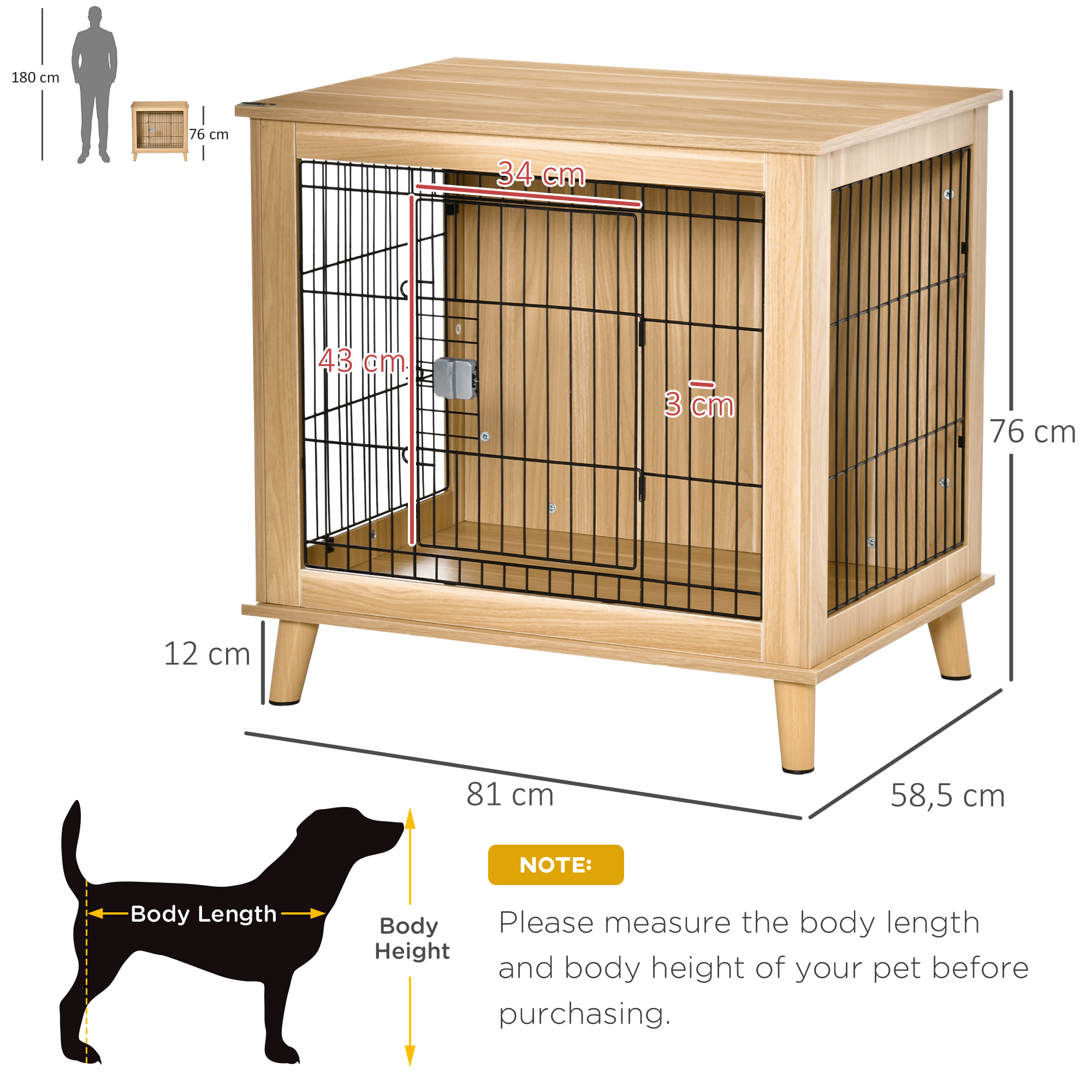 Transportbox aus Holz, Hundebox 81 cm x 58,5 cm x 76 cm Eiche Stahl Braun + Schwarz