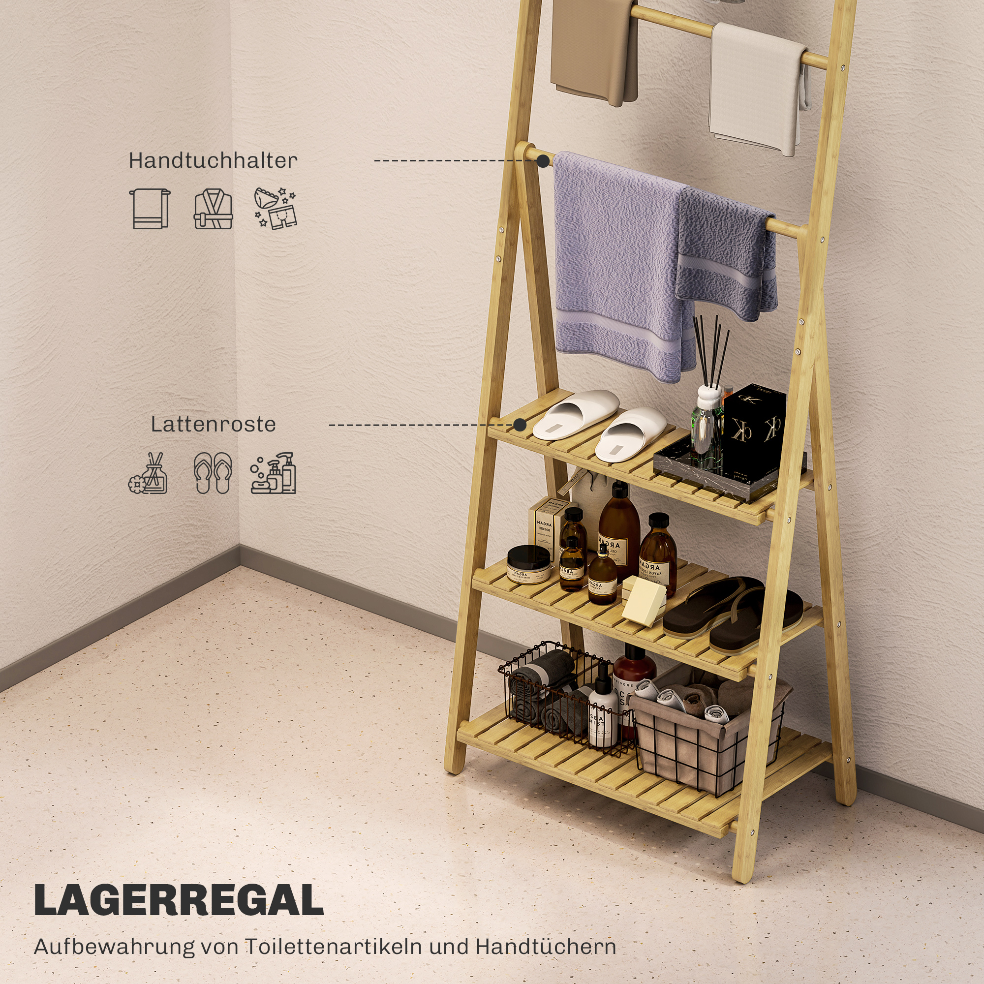 3-stufiges Badezimmerregal, 3 Handtuchhalter, Bambusrahmen, A-förmig, Lattenregale