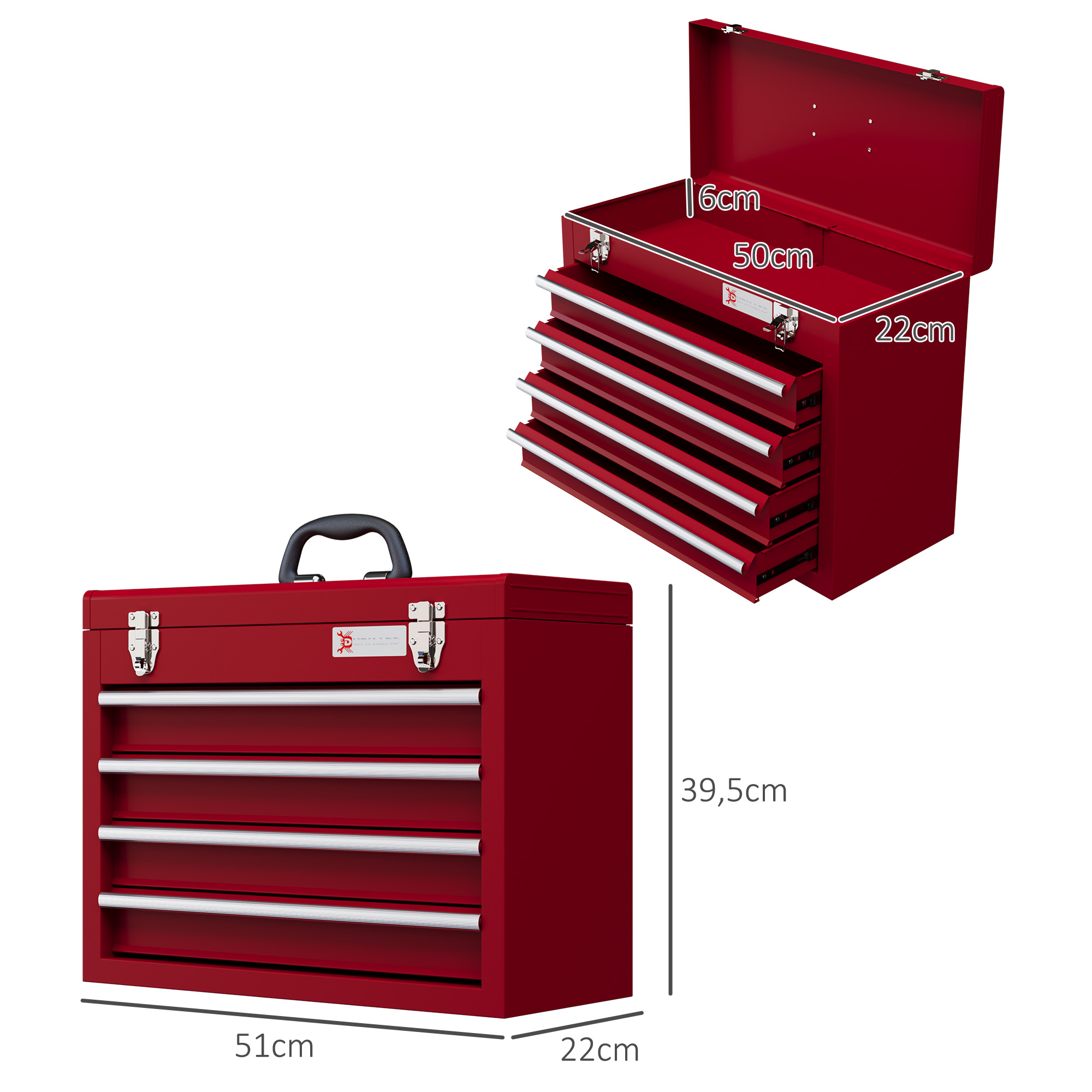 Werkzeugkiste mit 4 Schubladen, oberes Staufach, Stahlverschlüsse, Tragegriff, 51x22x39,5 cm, Rot