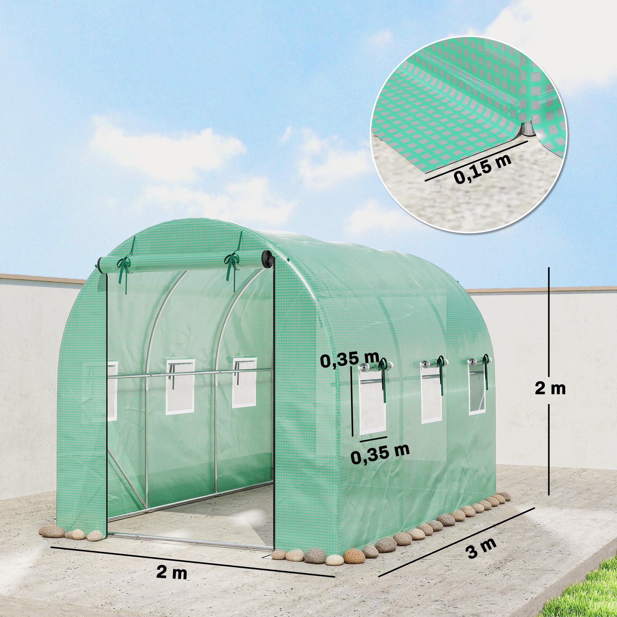 Gewächshaus 3 x 2 x 2 m Foliengewächshaus mit Rollbar 2 Reißverschlusstür & 6 Netzfenster Stützstangen Grün