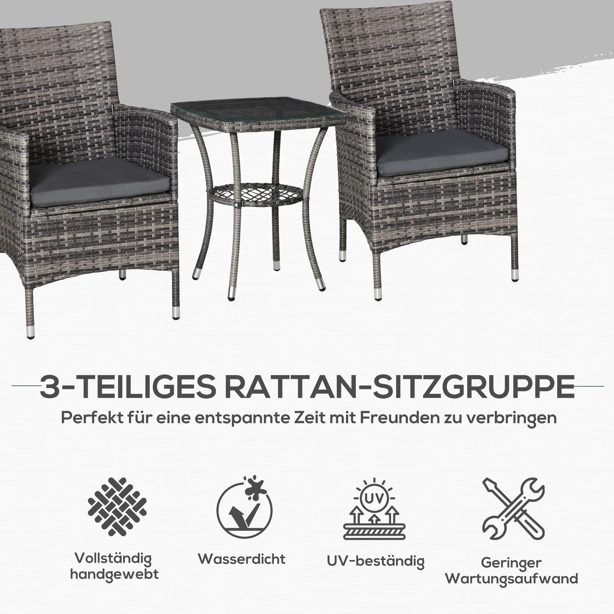 Balkonmöbel Set für 2 Personen Sitzgruppe Rattan Gartenset Polyrattan Dunkelgrau