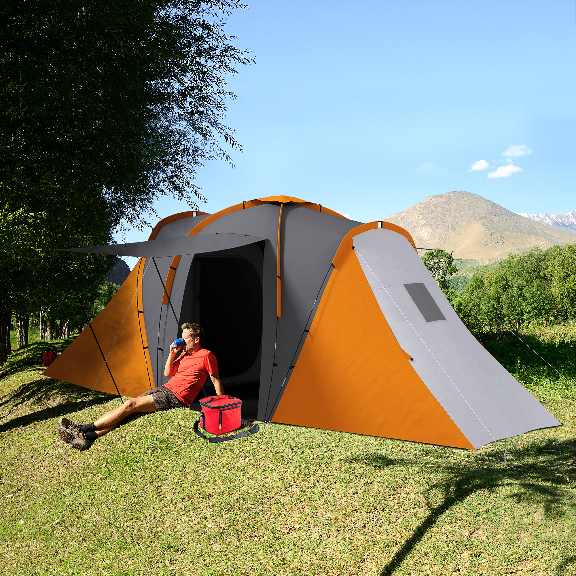 Tunnelzelt, 2000mm Wasserabweisend Campingzelt für 4-6 Personen, mit 2 Schlafzimmern Wohnbereich Tragetasche Grau+Orange