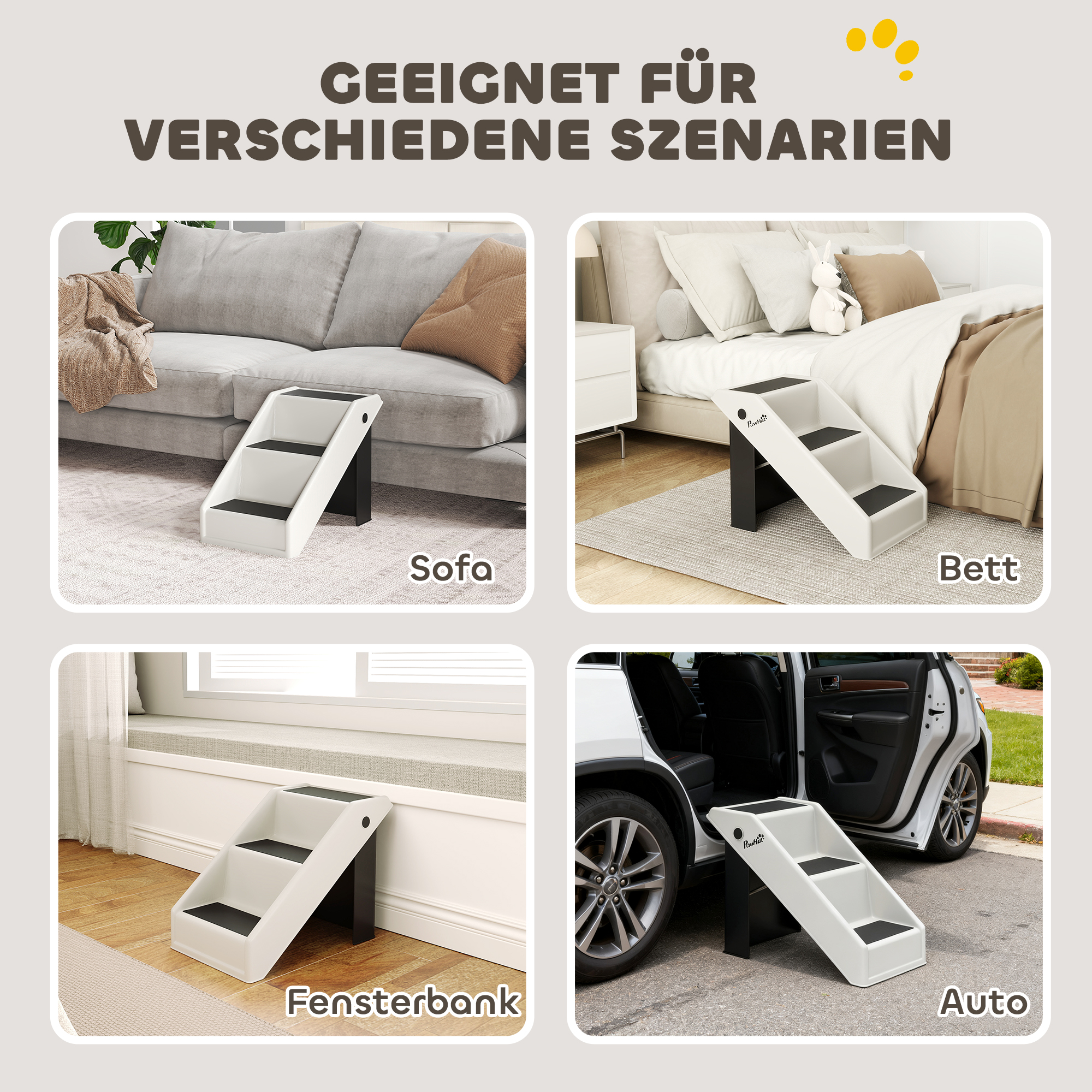 Hundetreppe 3 Stufen 36,5 cm Hoch Haustiertreppe für Kleine Hunde klappbar für Bett, Sofa, Couch Auto Cremeweiß