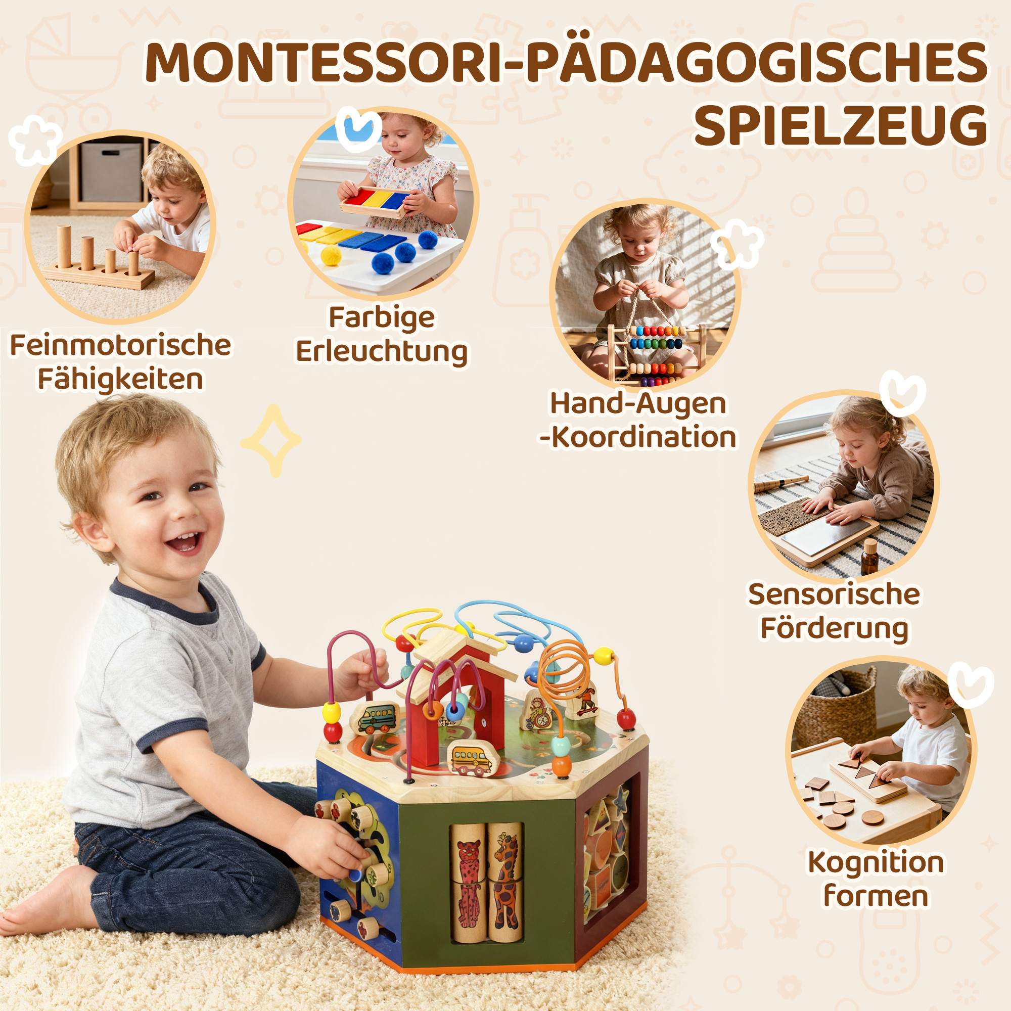 Motorikwürfel, 8-in-1 Aktivitätswürfel mit Motorikschleife, Perlenlabyrinth, 41,5 x 37,5 x 37,5 cm, Mehrfarbig