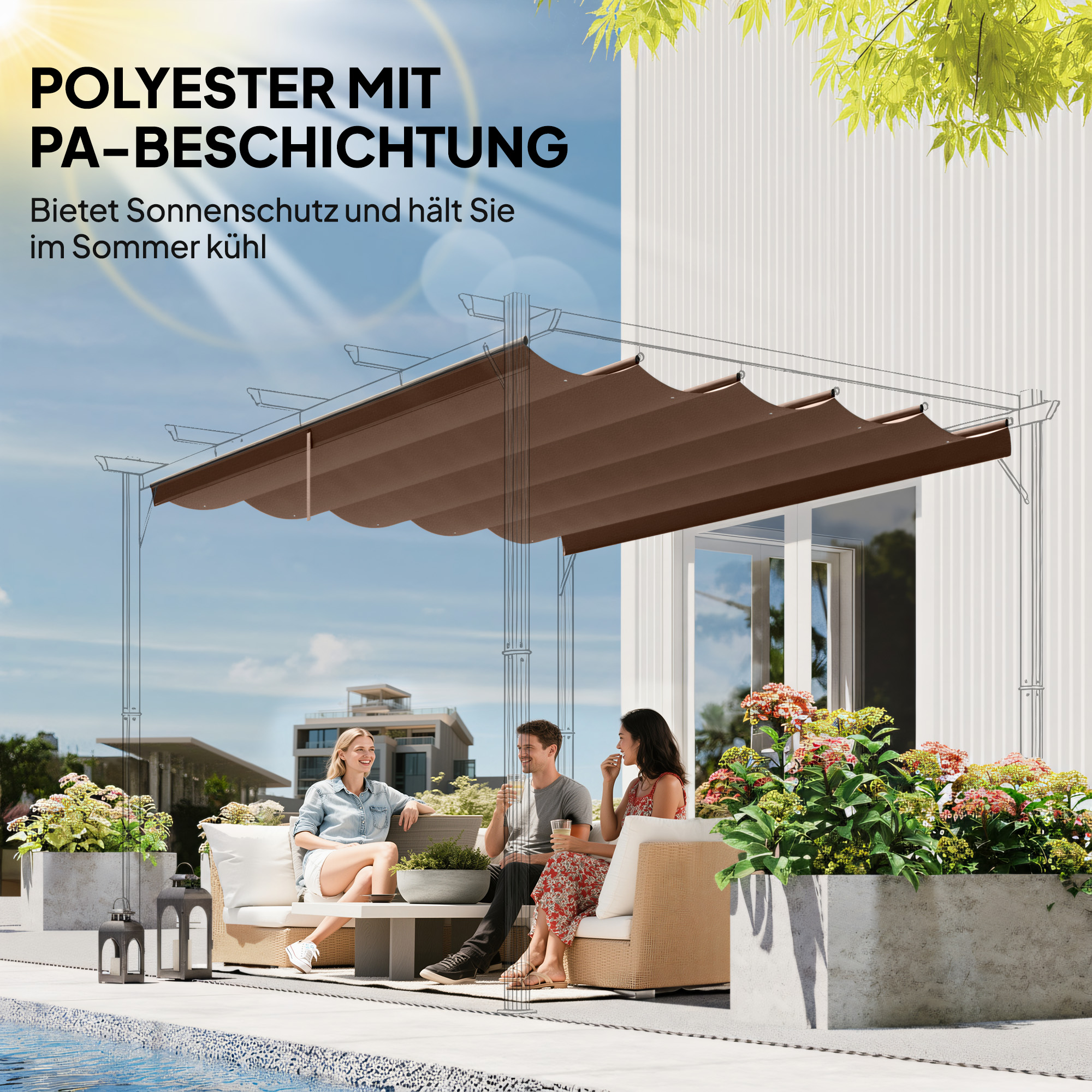 Ersatzdach für 3 x 3 m Pergola, einziehbar, mit Regenabflusslöchern, wetterfest, Polyester, Kaffee