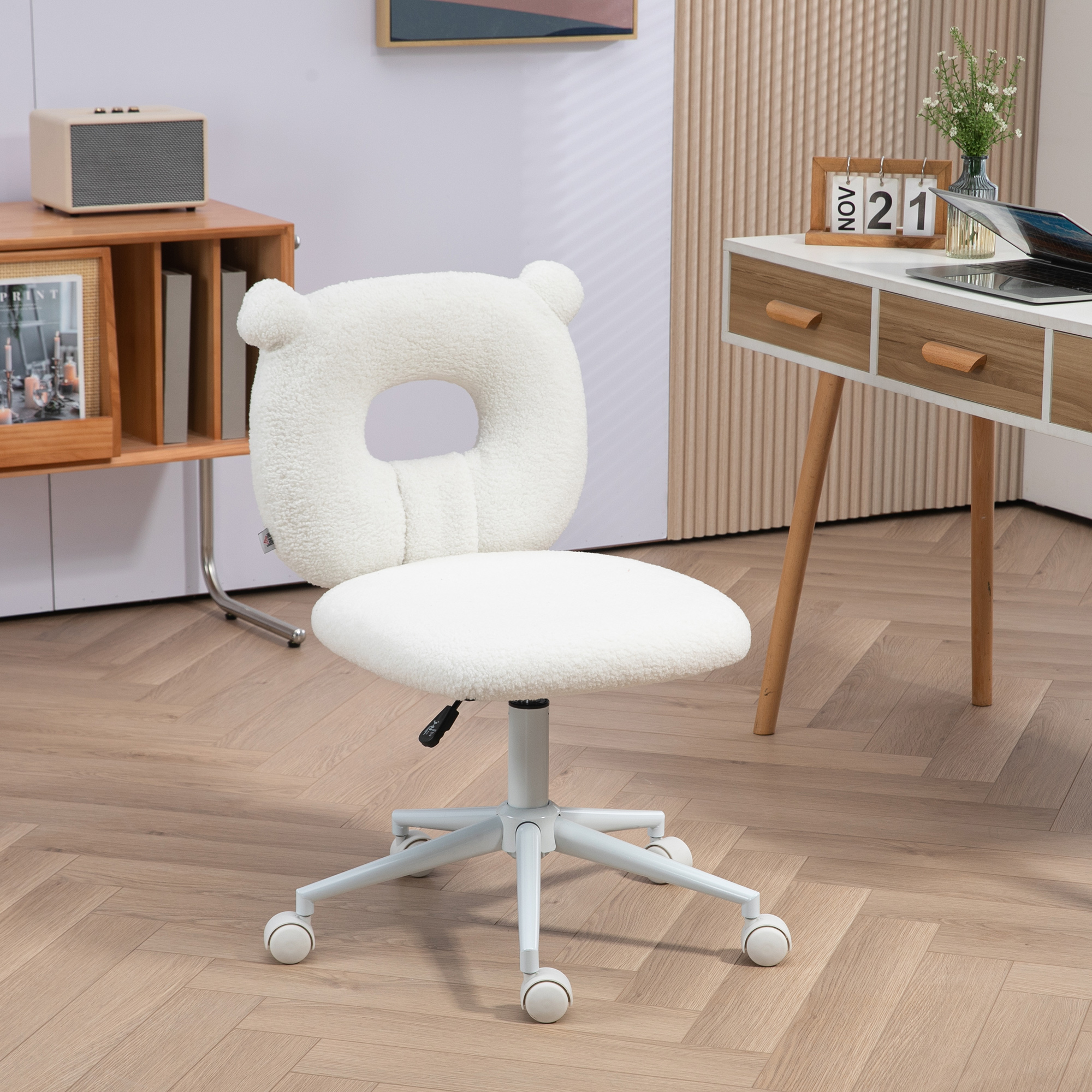Bürostuhl Schreibtischstuhl, höhenverstellbar, Teddyfell, 50 cm x 56 cm x 90 cm, Weiß
