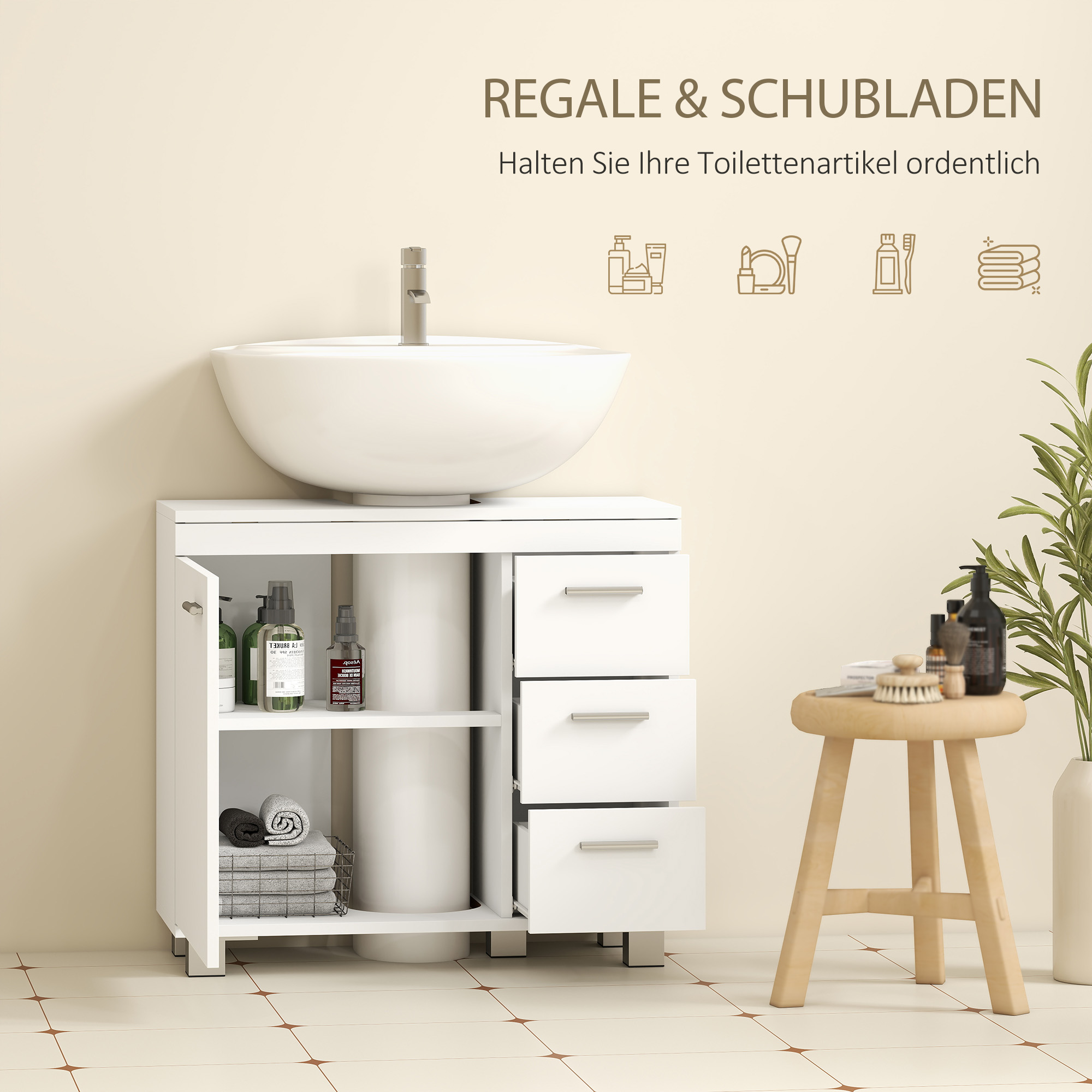 Unterschrank für Waschbecken, 2 Regale, 3 Schubladen, MDF-Struktur, Weiß