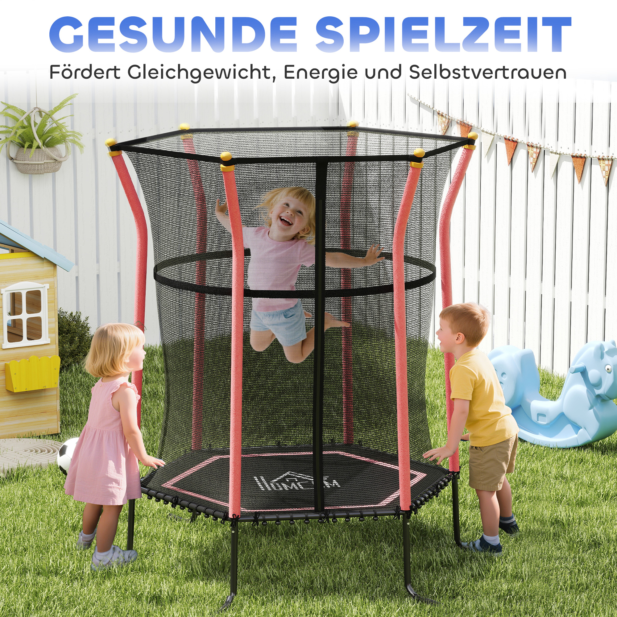 Trampolin für Kinder, Ø163,5 cm, mit Sicherheitsnetz, gepolstert, Stahl, belastbar bis 50 kg, Schwarz & Rot
