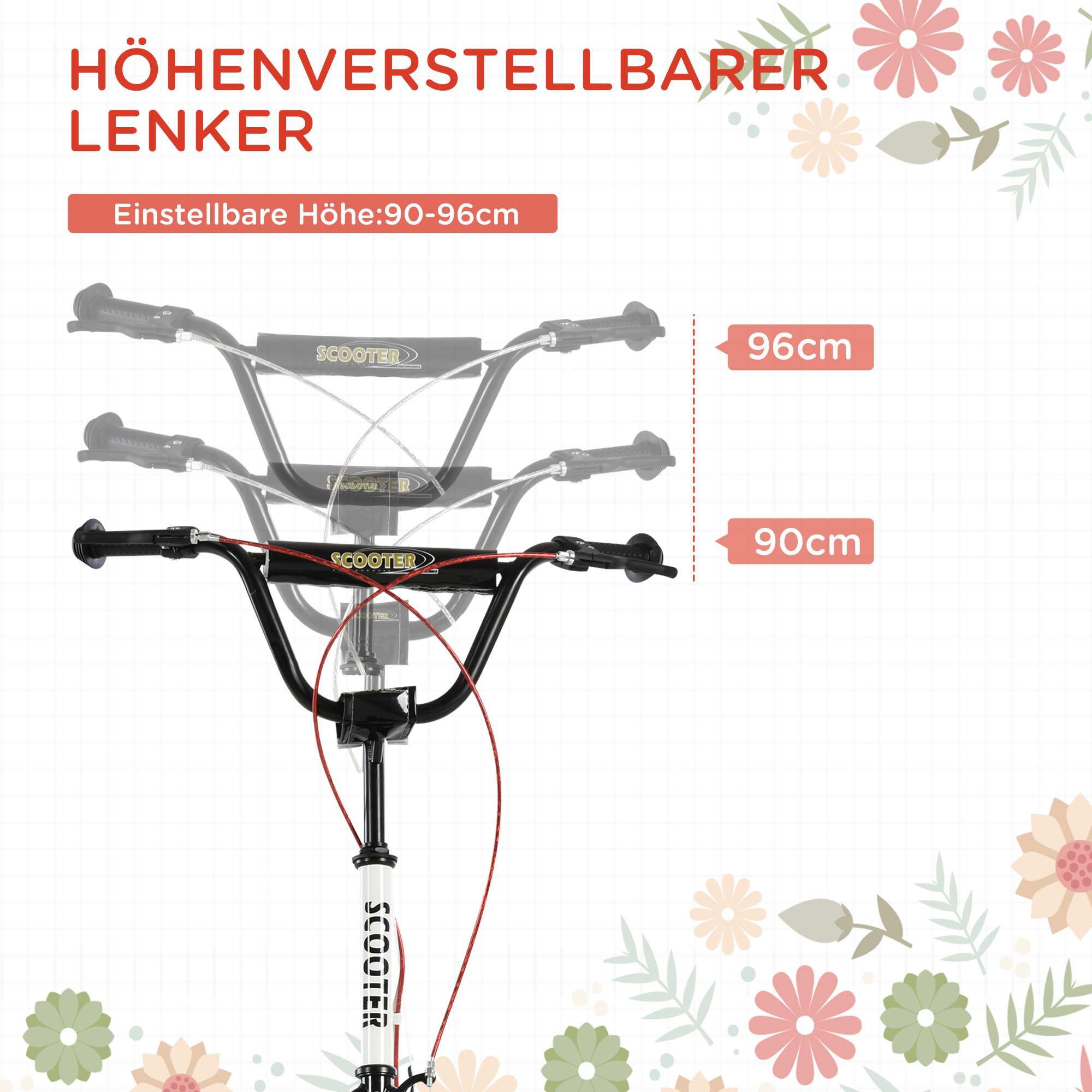 Kinderroller Scooter Tretroller Cityroller Kickscooter Roller Kinder Kickboard mit Luftreifen und Handbremse Scooter Kinder Wasserfest Faltbar ab 5 Jahre 16 Zoll Weiß 139 x 58 x 90-96 cm