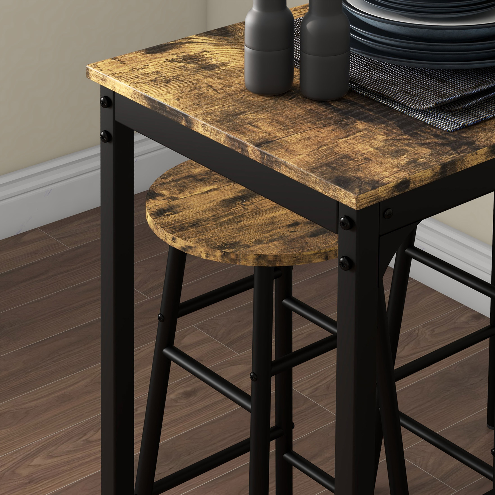 Bartisch mit 2 Stühlen im Industriedesign 2er-Set Barhocker mit Tisch, Industriedesign, 3-teilig, Braun + Schwarz