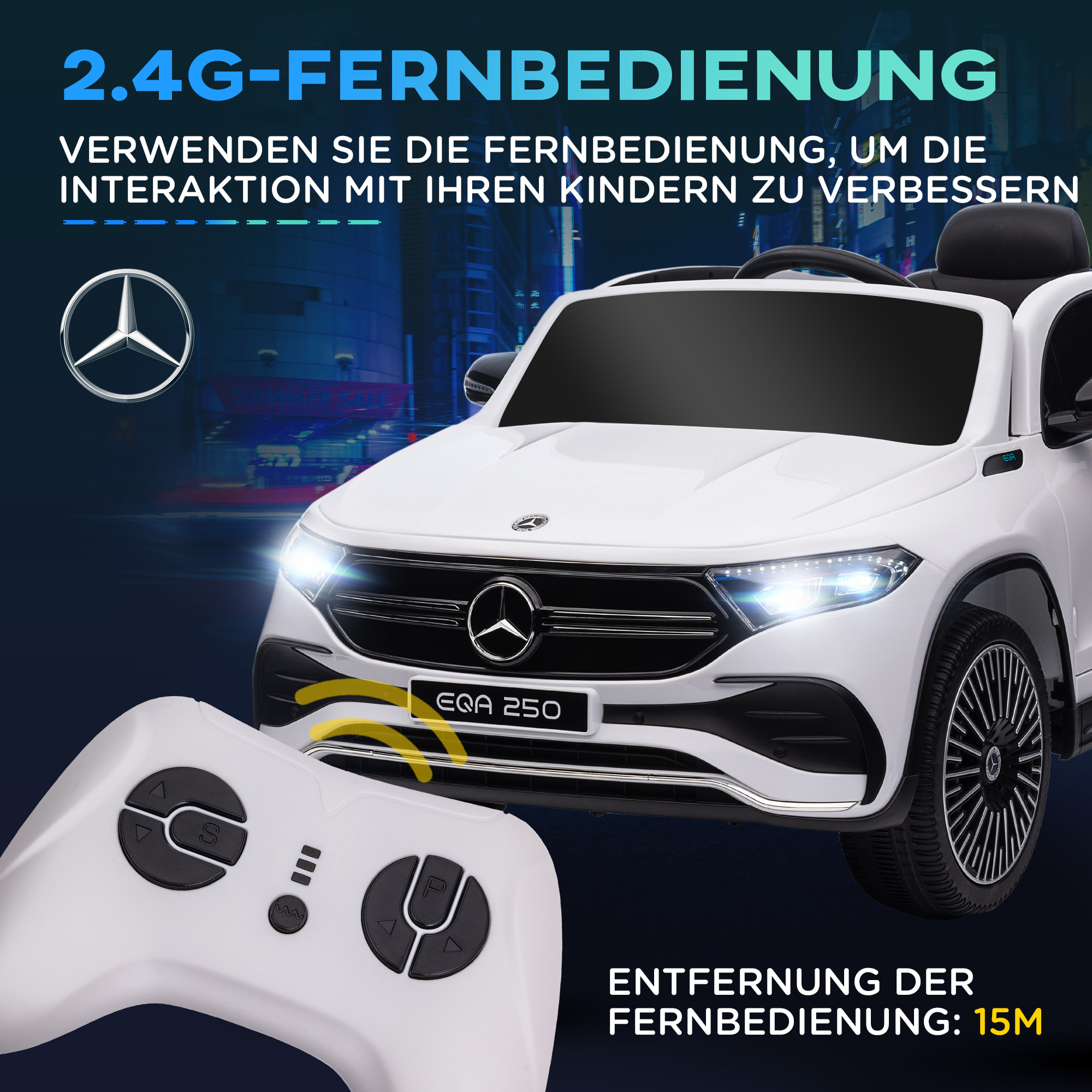 Elektro Kinderauto, lizenzierter Mercedes-Benz EQA, 3-8 km/h, Musik, Scheinwerfer, Hupe, Fernsteuerung, weiß