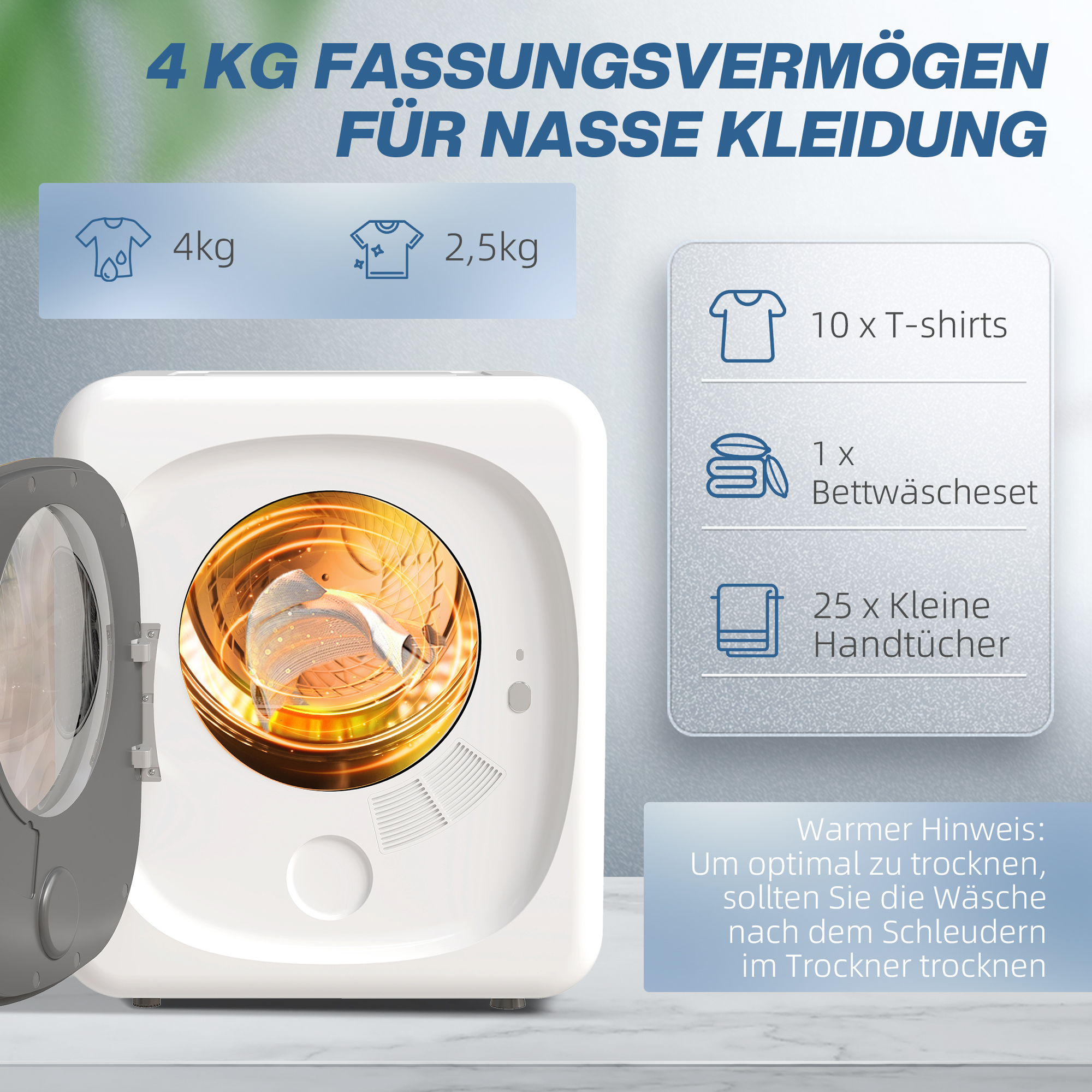 4 kg Wäschetrockner, kompaktes Design, 5 Modi, Timer, Weiß+Schwarz