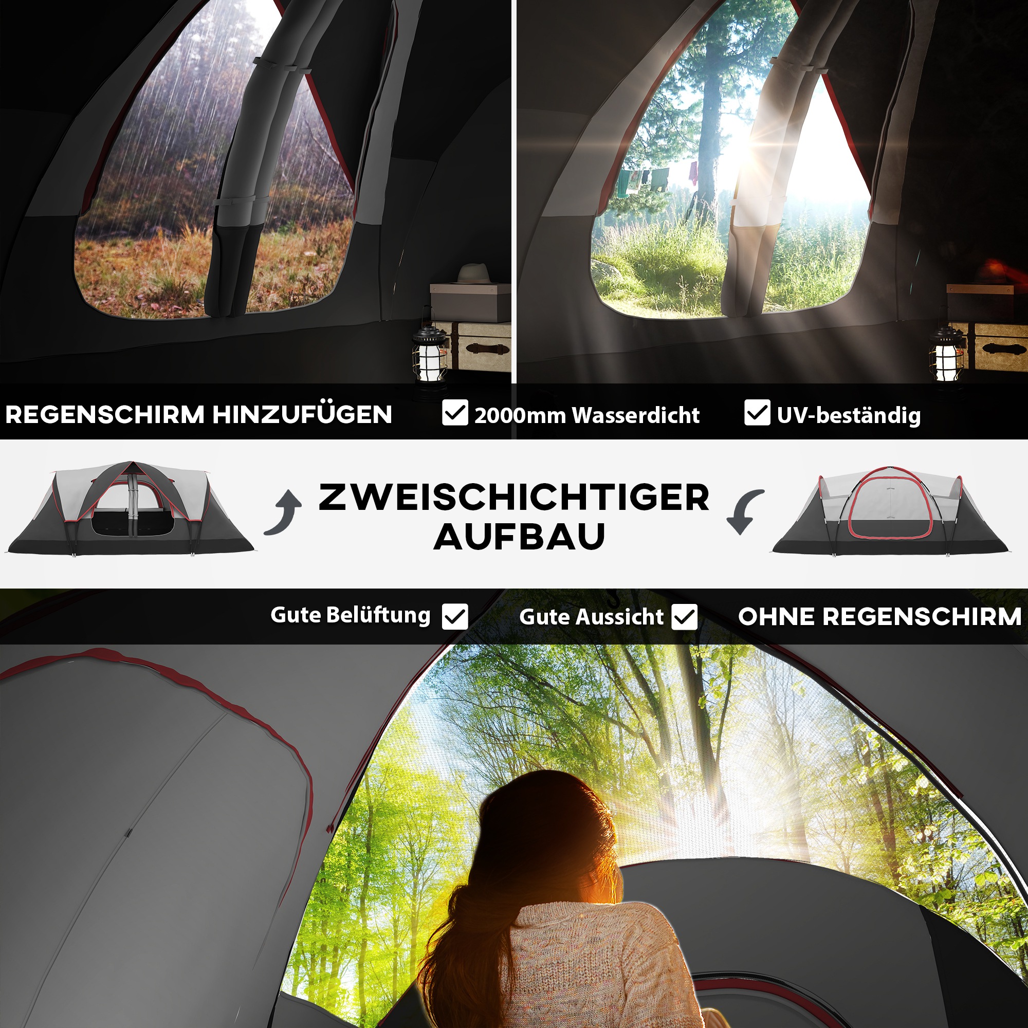 Campingzelt, 2 Räume, Trennwand, für 6-8 Personen, Regenschutz, Grau