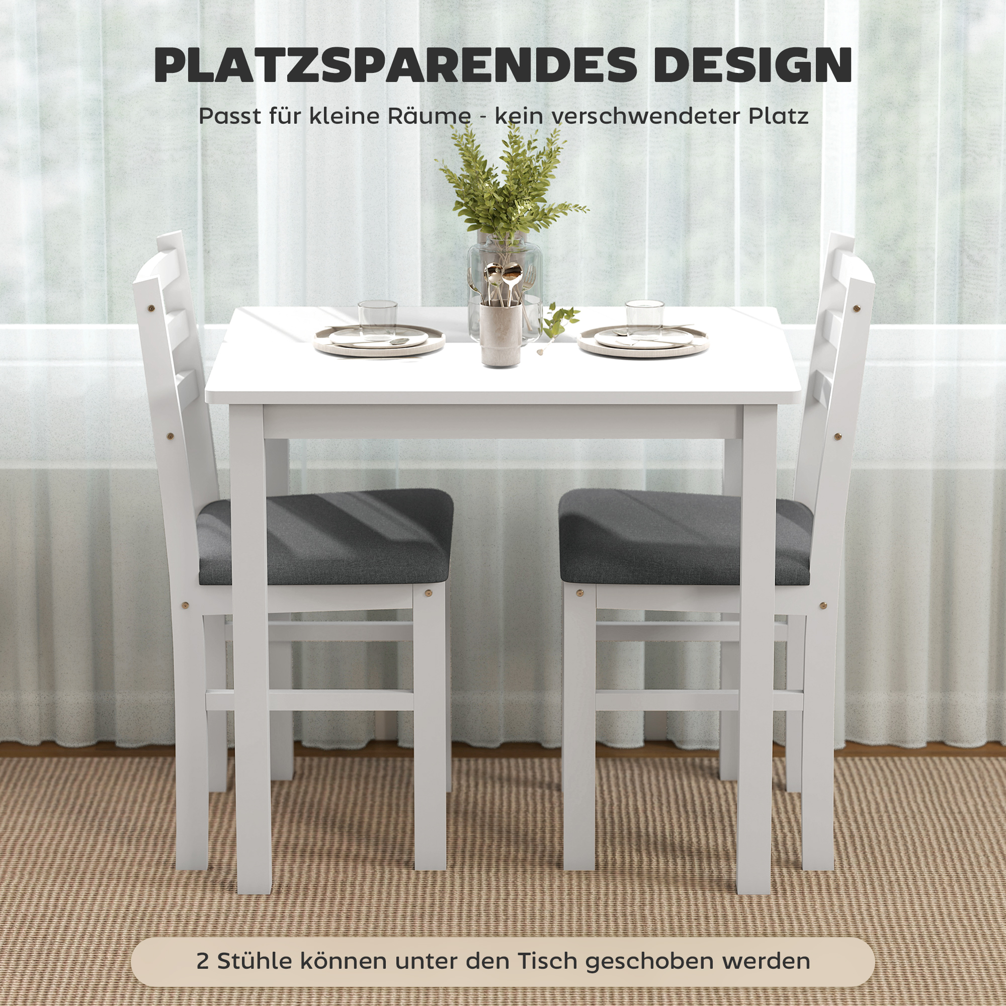3-teiliges Esstisch-Set mit 2 Stühlen, Küchentisch für kompakte Räume, gepolsterte Stühle, platzsparend, MDF, Weiß