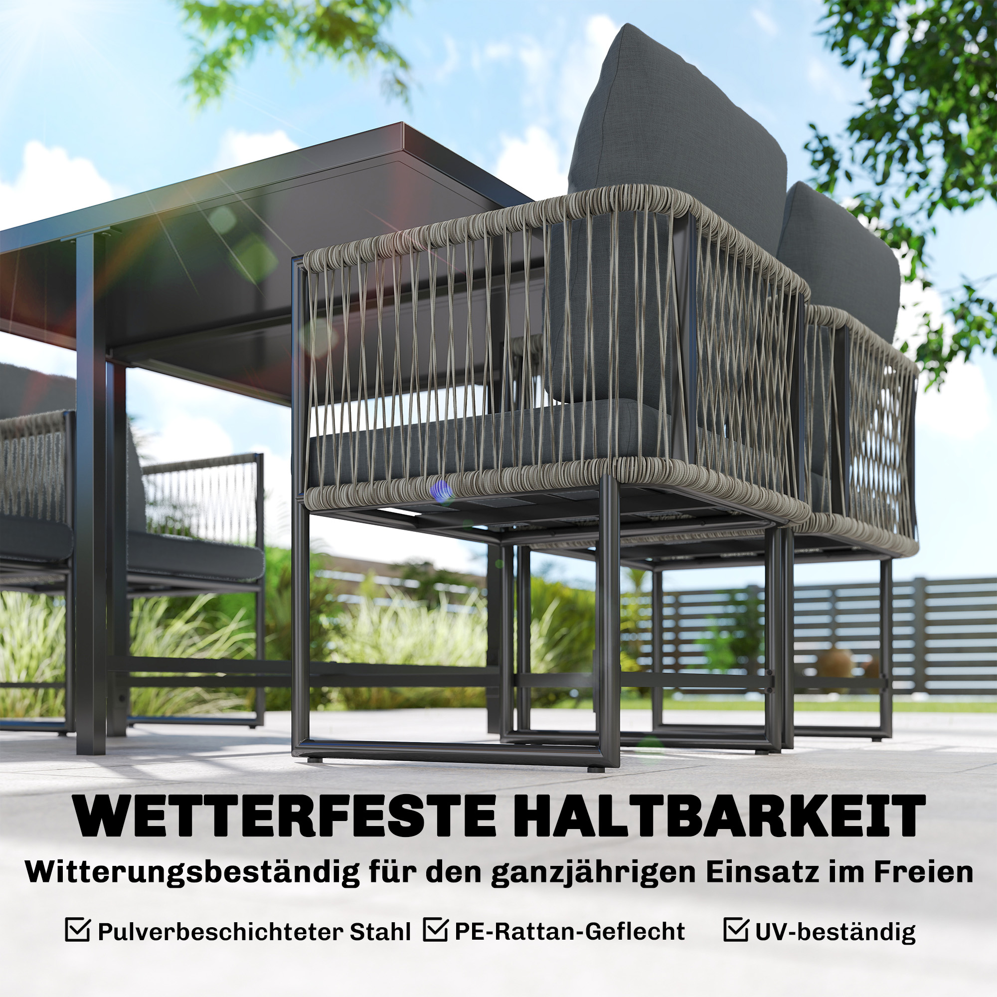 Polyrattan Gartenmöbel Set 5-teilig Platzsparend Sitzgruppe Tisch mit 4 Stühlen DPC-Tischplatte Kissen Grau