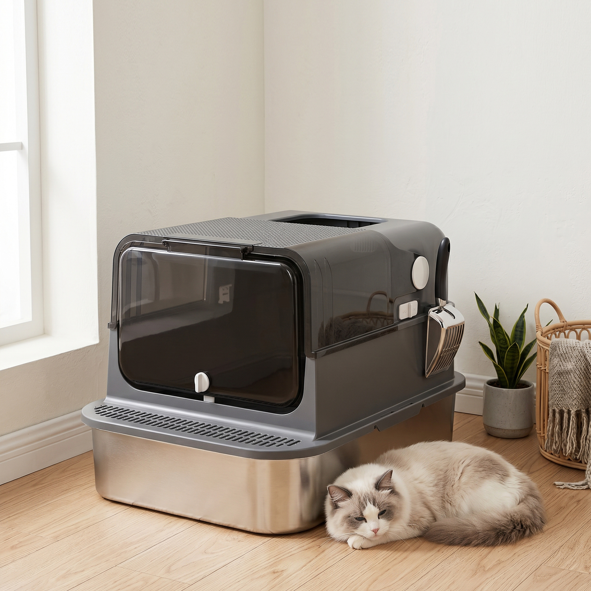 Katzenklo Edelstahl mit Deckel XXL 72L für große Katzen und Mehrere Katzen mit Doppeltüren Schaufel Pedal Anti-Leck